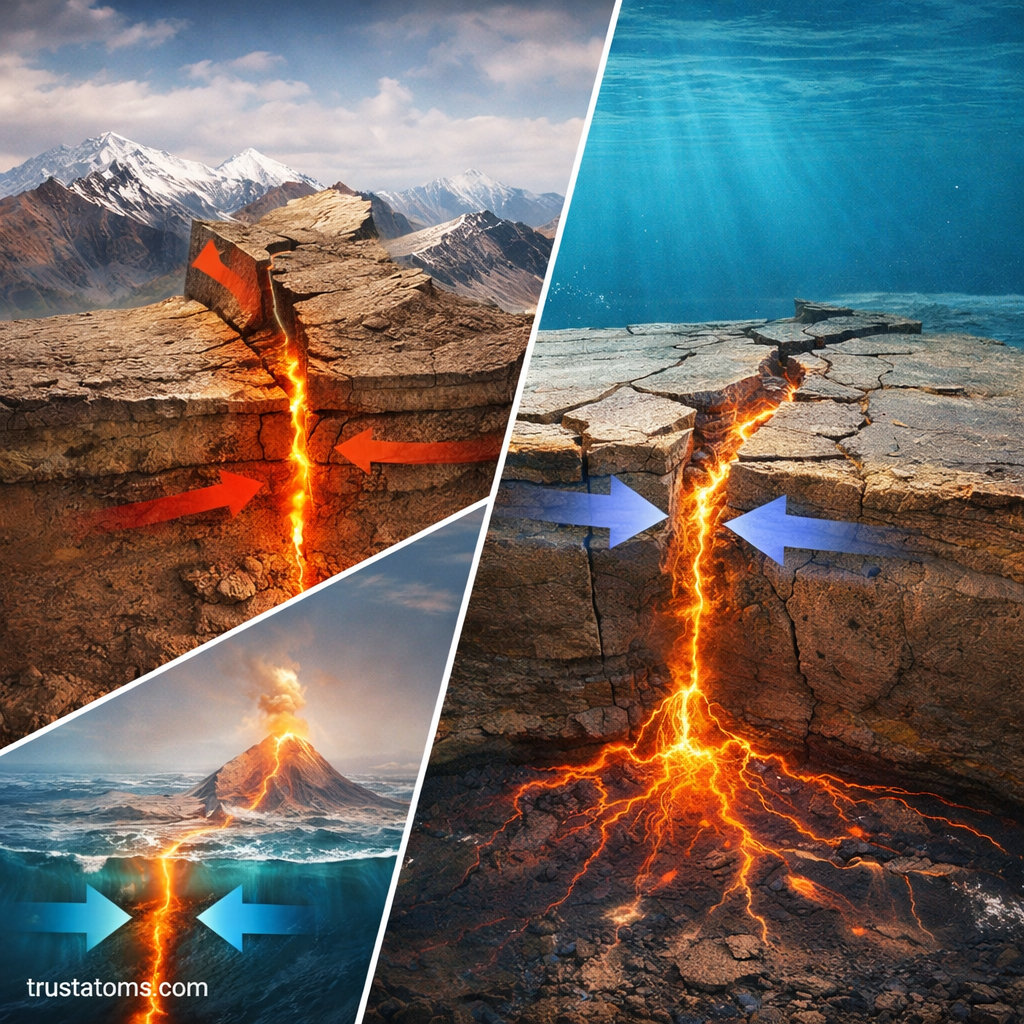 Diagram illustrating different types of fault lines including reverse, normal, and divergent faults with tectonic plate movement.