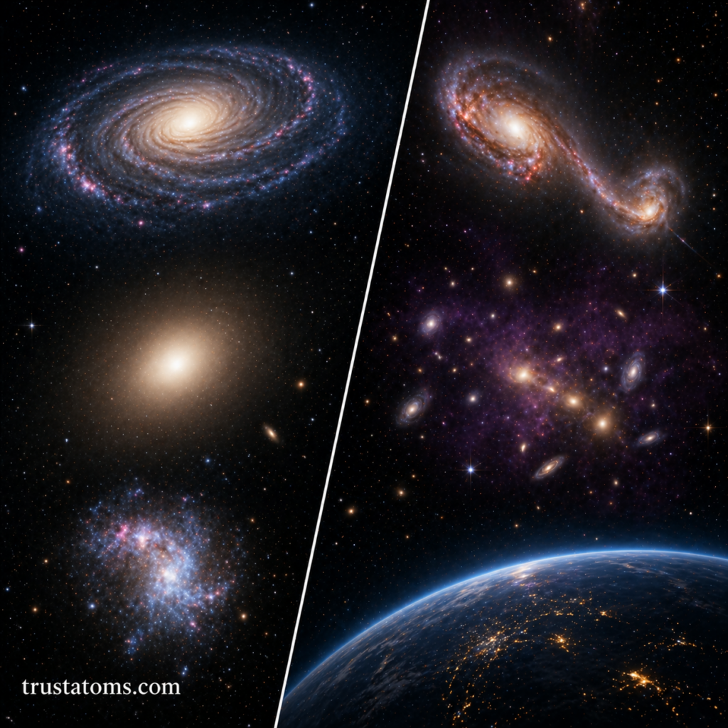 Split illustration showing spiral, elliptical, and irregular galaxies alongside galaxy interactions and clusters in space.