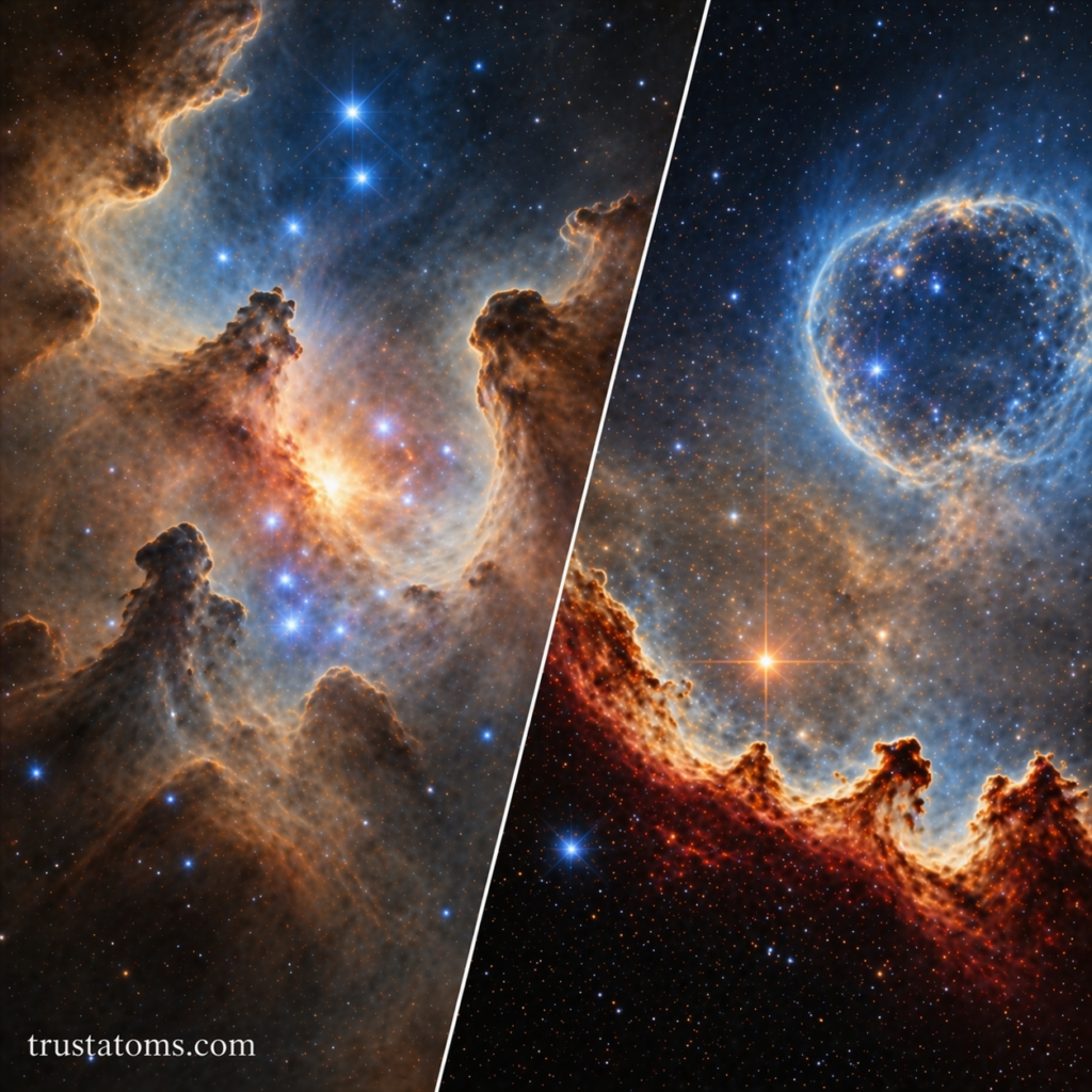 Split illustration comparing two different types of nebulae, showing star-forming regions and glowing gas clouds in deep space.
