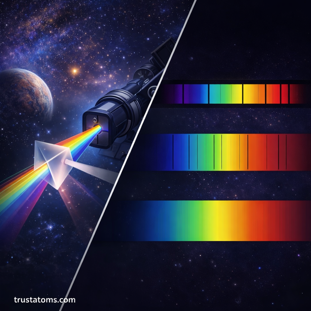 Split illustration showing a telescope splitting light into a spectrum and examples of emission, absorption, and continuous spectra.