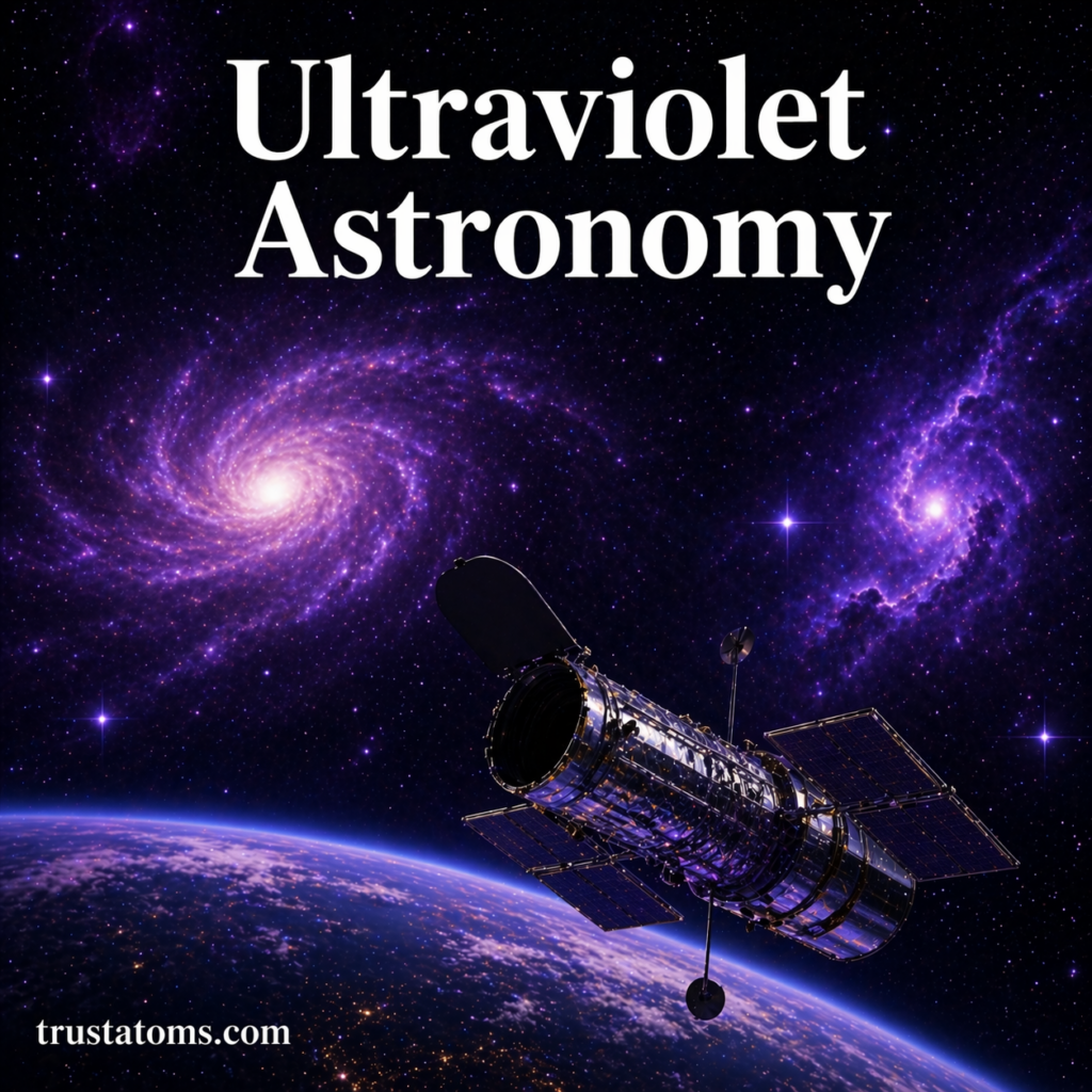 Illustration of ultraviolet astronomy showing a space telescope observing galaxies and stars emitting ultraviolet radiation.