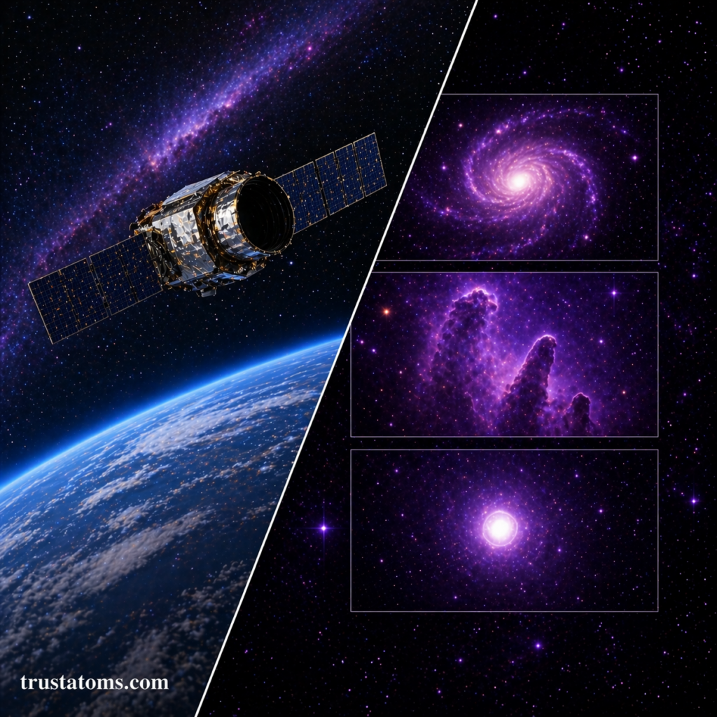 Split illustration showing a space telescope observing ultraviolet light and multiple galaxy views highlighting UV-emitting regions.