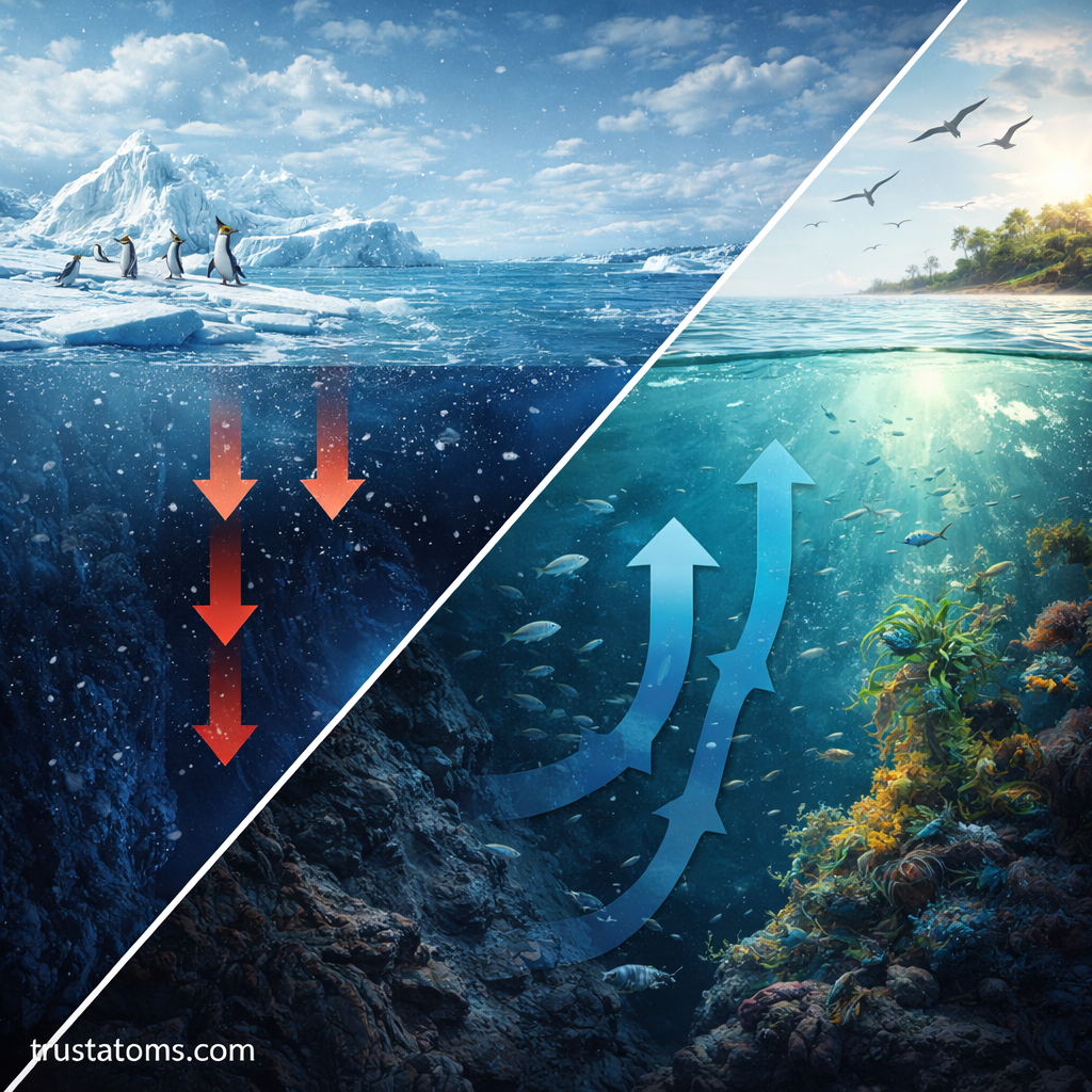 Split illustration showing ocean downwelling in polar region and upwelling in coastal waters with arrows indicating water movement.