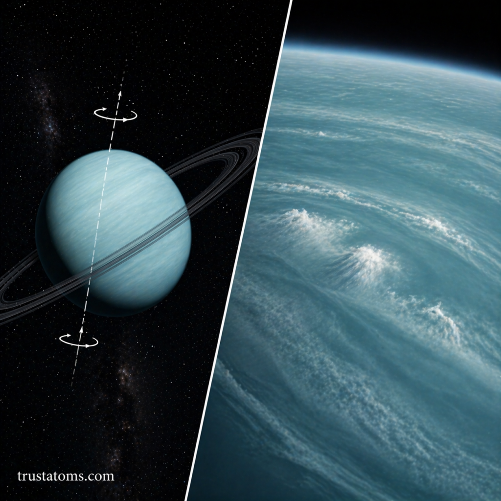 Split illustration showing Uranus tilted on its side alongside a close-up of its blue-green atmospheric clouds.