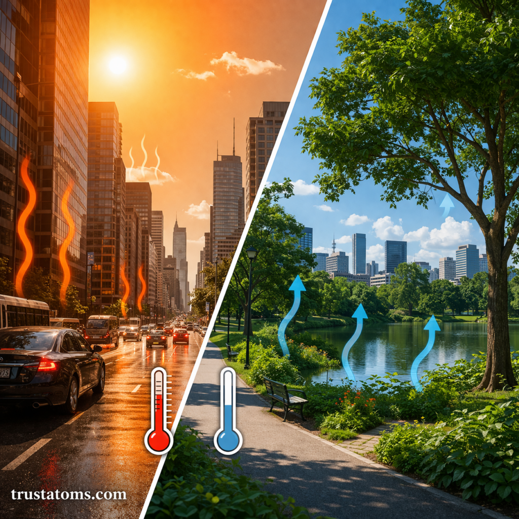 Split illustration comparing hot urban street with traffic and buildings to a cooler green park with trees and water.