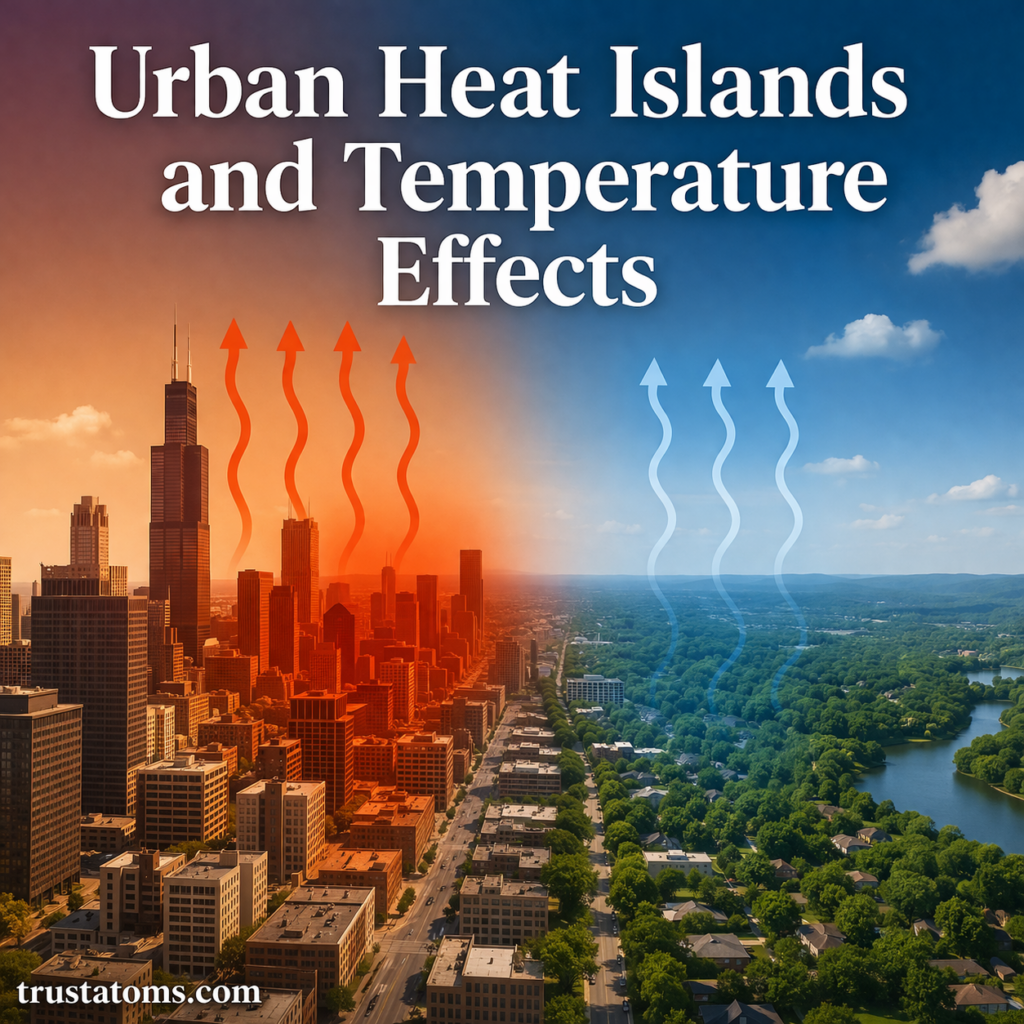 Diagram illustrating urban heat island effect with a hotter city skyline and cooler green landscape side by side.