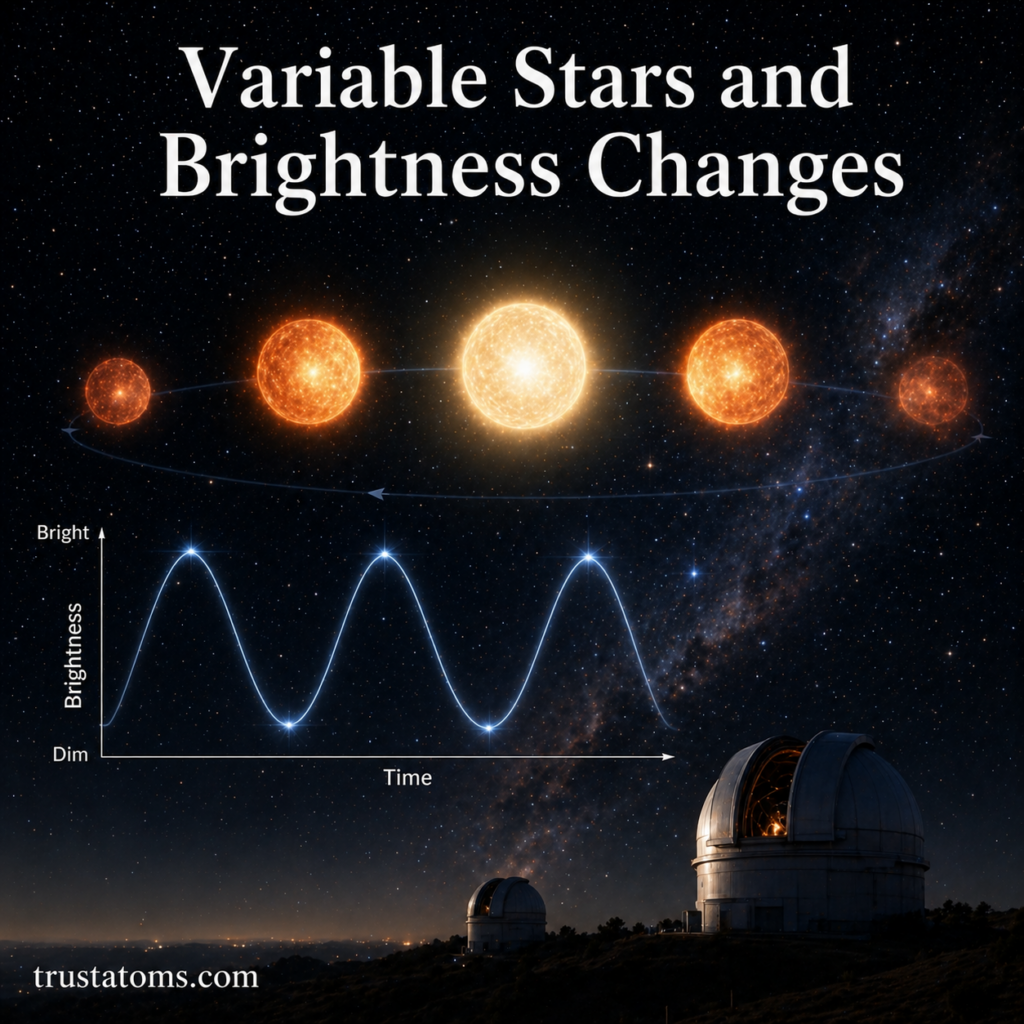 Illustration showing variable stars changing brightness over time with a light curve graph and observatory in the foreground.