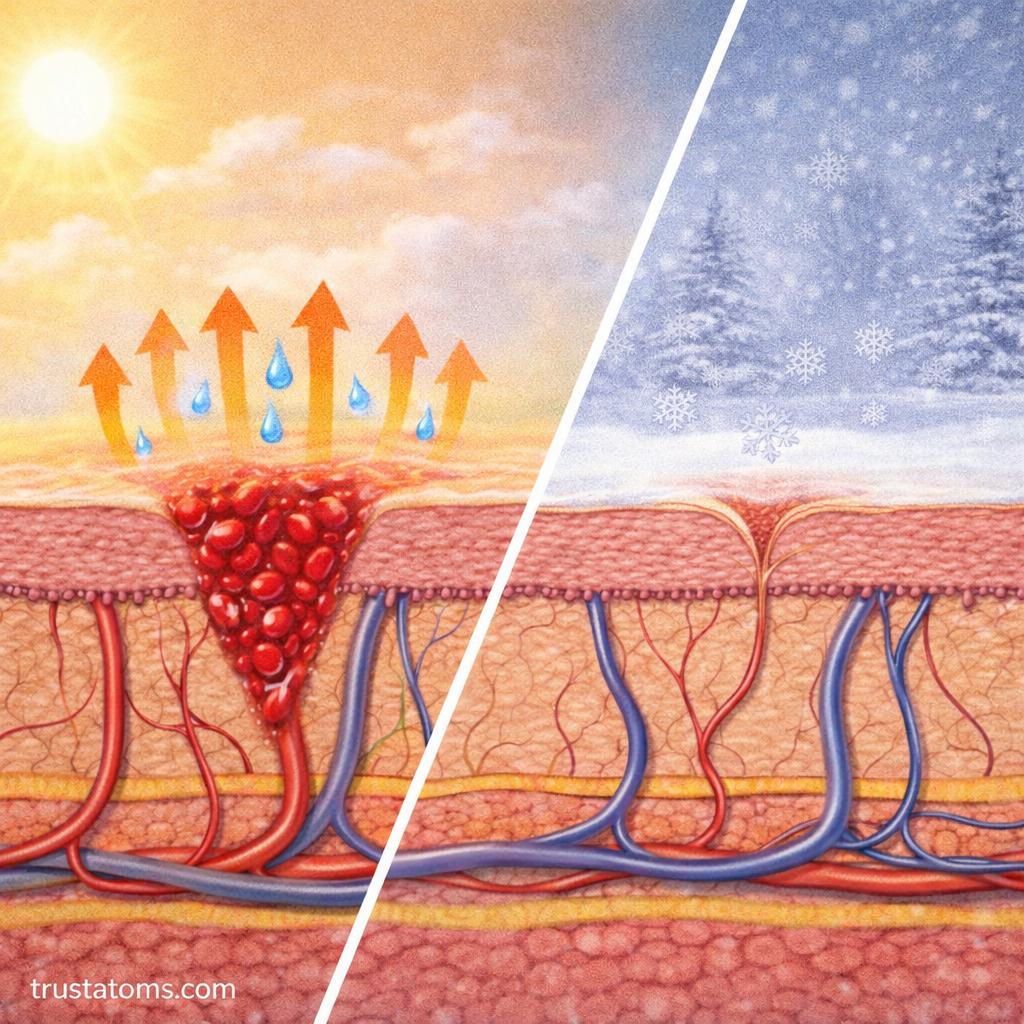 Split illustration showing vasodilation with sweating in heat and vasoconstriction in cold conditions within the skin.