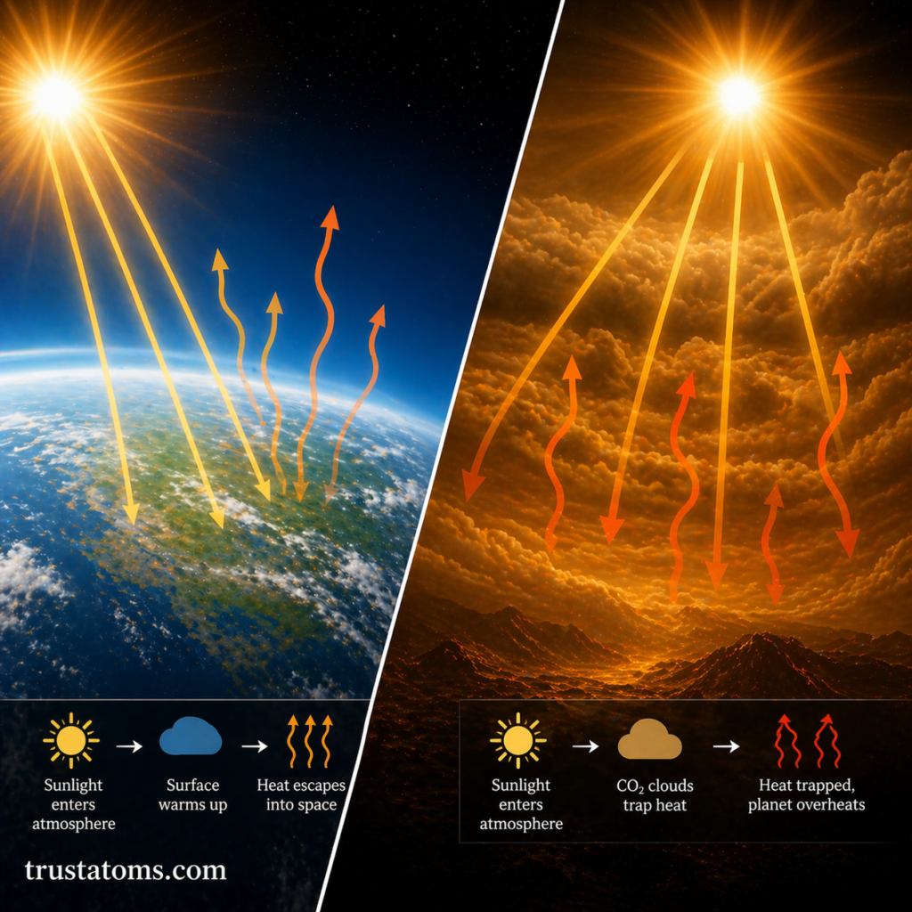 Split illustration comparing Earth and Venus showing how sunlight enters both atmospheres but heat escapes on Earth while being trapped on Venus.