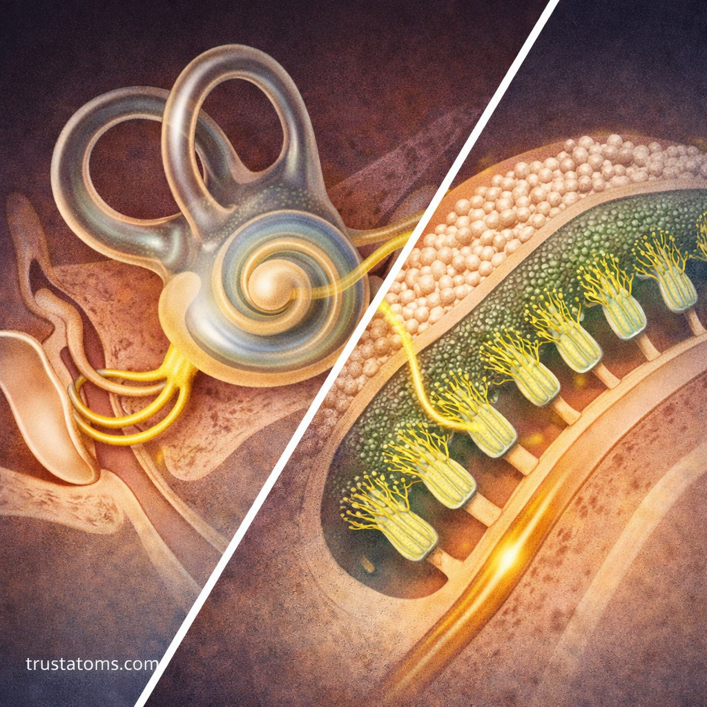 Split diagram showing semicircular canals detecting rotation and otolith organs with hair cells sensing movement and gravity.