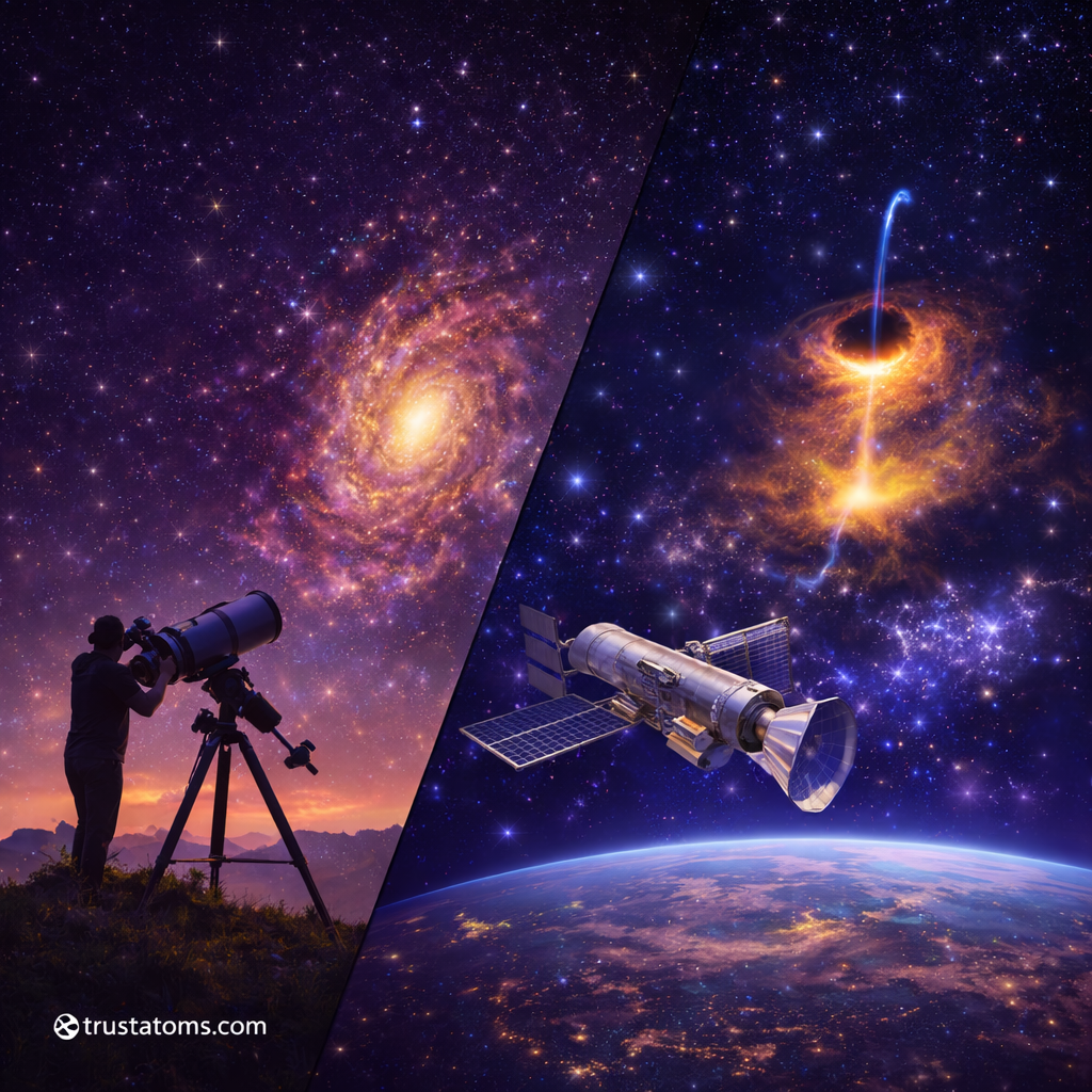 Split illustration comparing visible light observation of a galaxy with X-ray view of a black hole and space telescope.