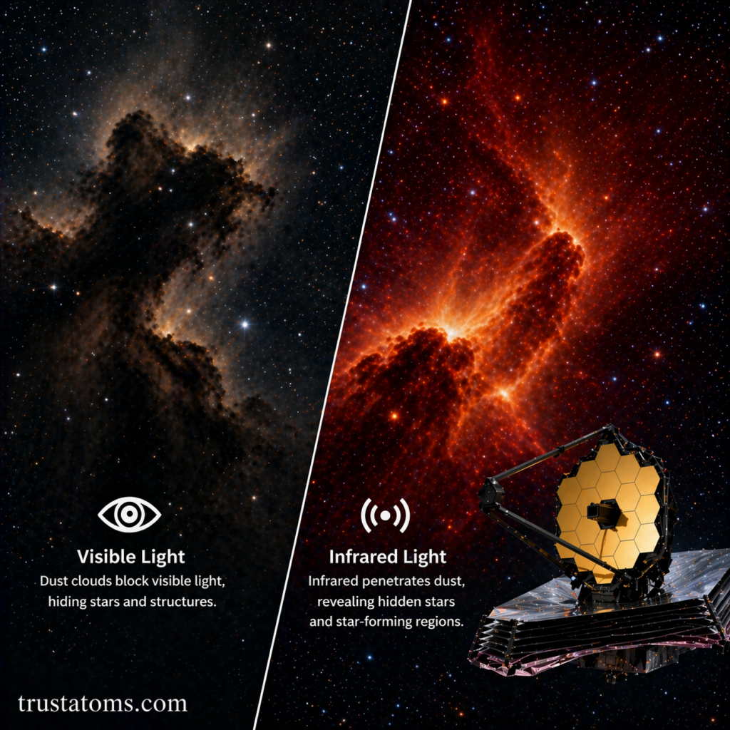 Split illustration comparing visible light view of a dust cloud with infrared view revealing hidden stars and structures.