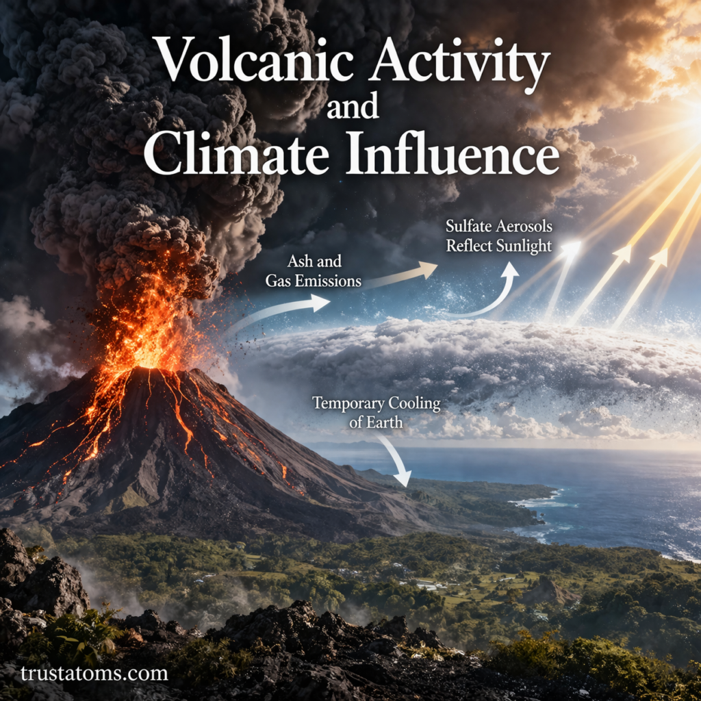 Illustration of a volcanic eruption releasing ash and gases that influence climate by reflecting sunlight and cooling Earth.