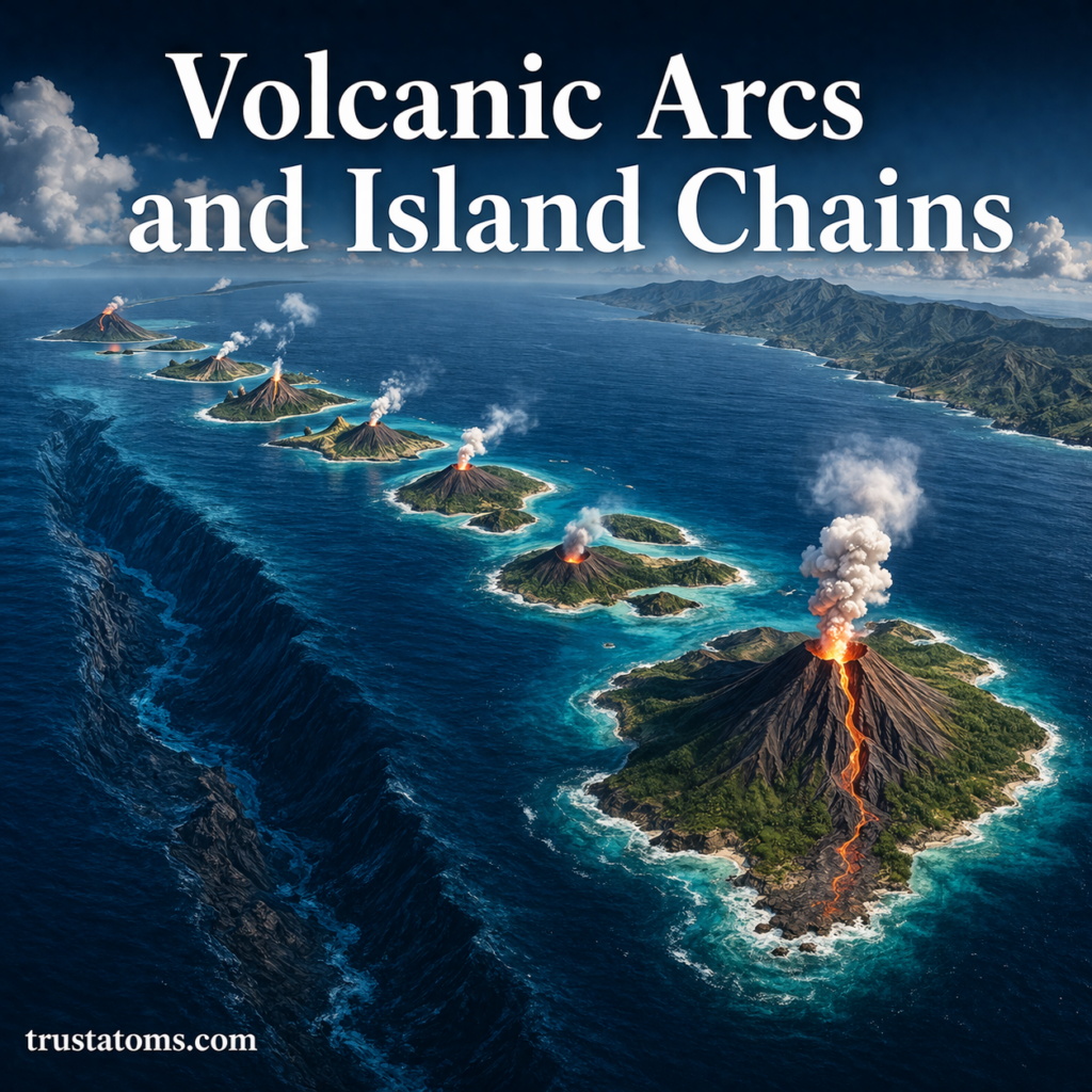 Illustration of volcanic arcs and island chains forming along a subduction zone with active volcanoes in the ocean.