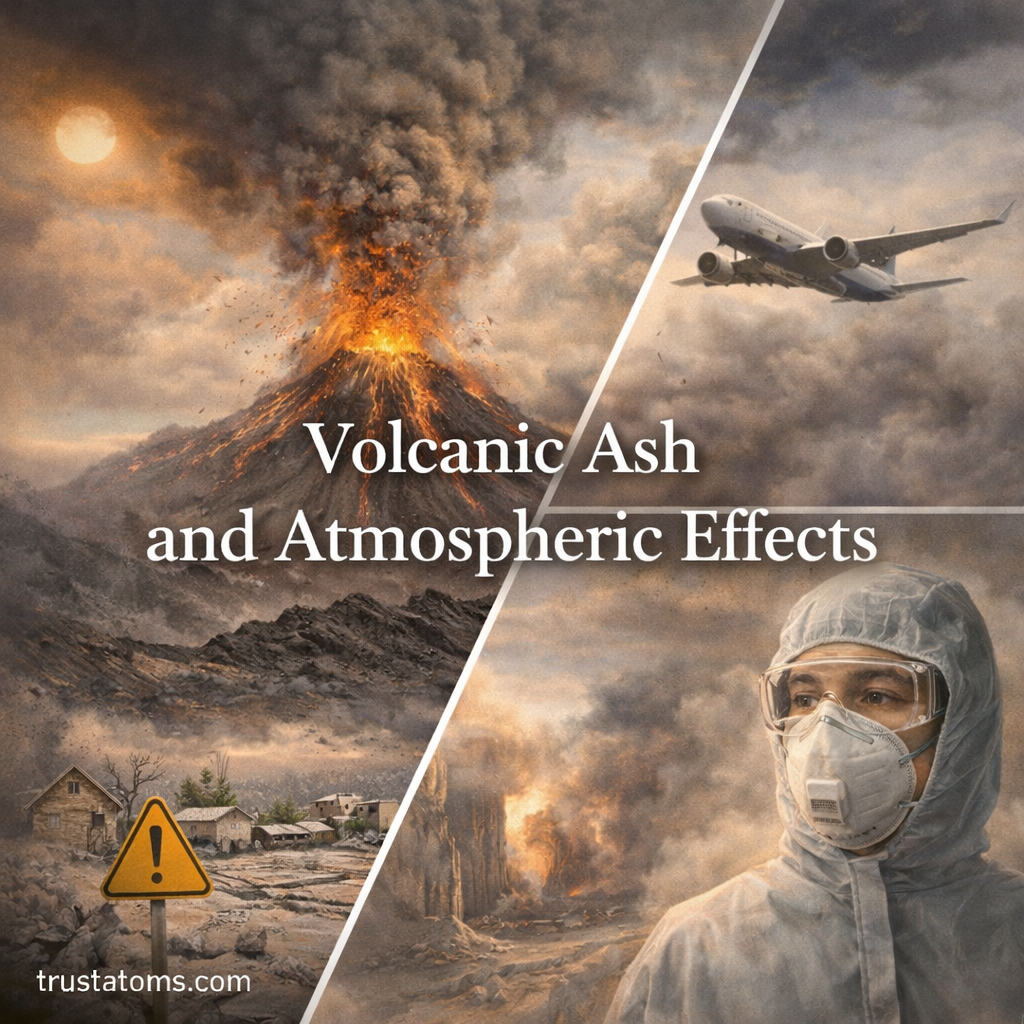 Illustration of volcanic ash eruption showing ash cloud, aircraft in atmosphere, and environmental impact on nearby areas.