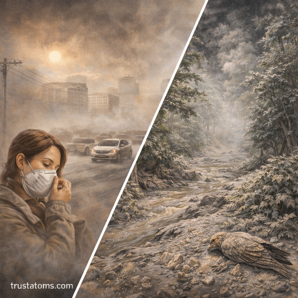 Split illustration showing volcanic ash affecting urban air quality and damaging natural ecosystems.