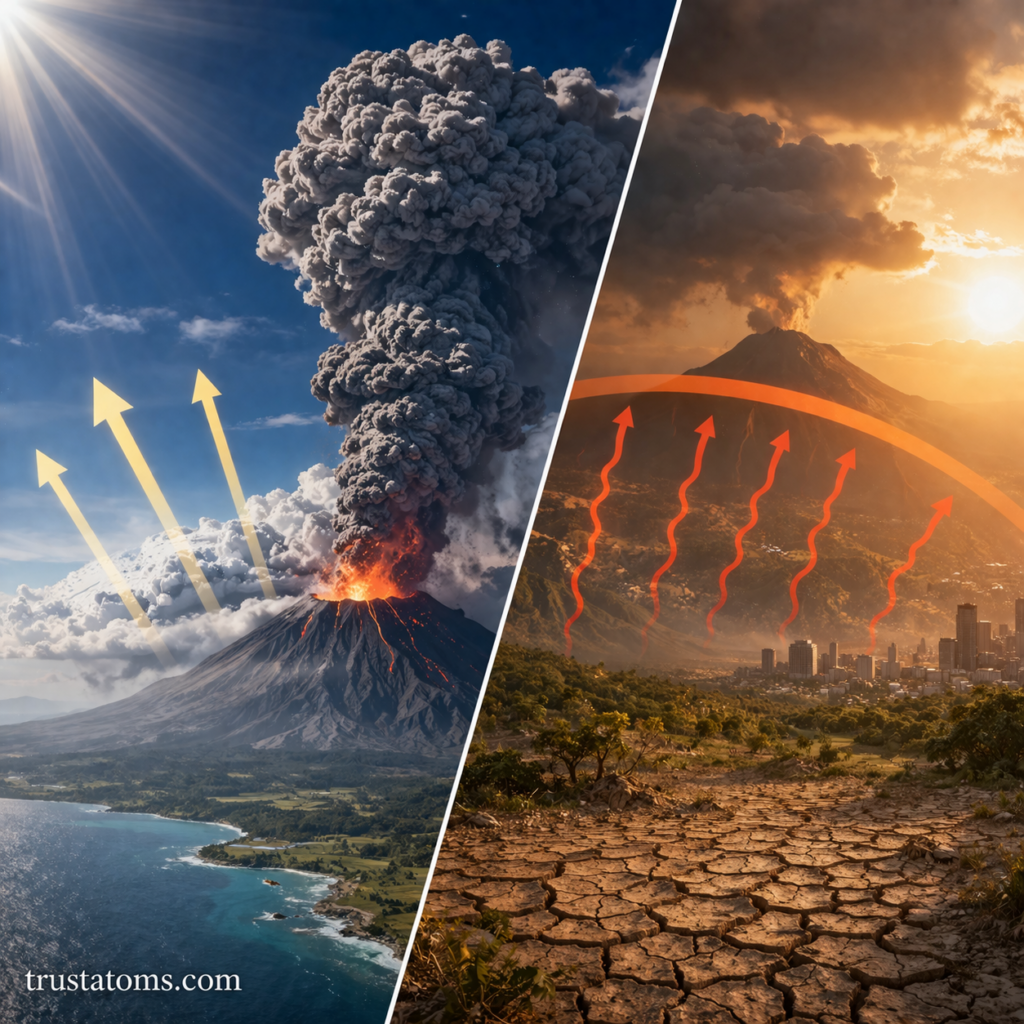 Split illustration showing volcanic eruption causing atmospheric cooling on one side and warmer climate conditions on the other.