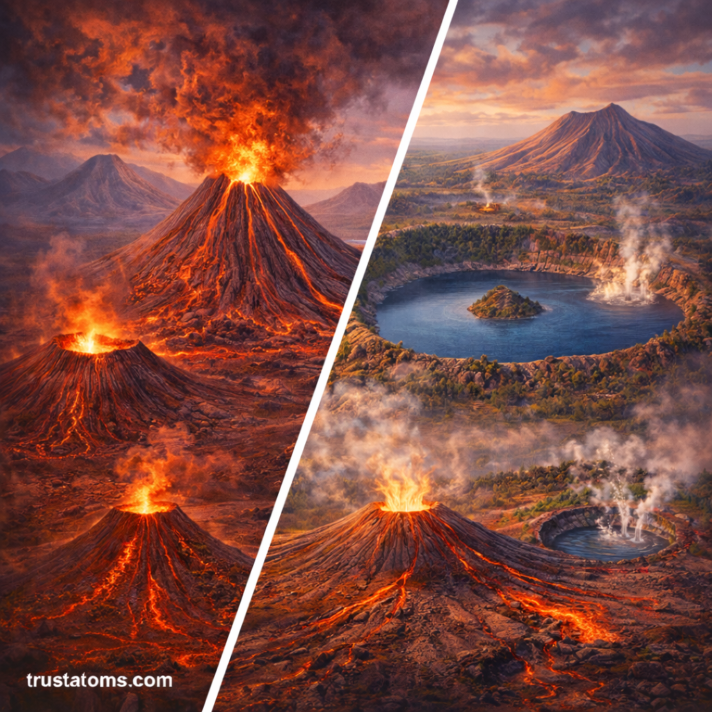 Split illustration showing erupting stratovolcano and cinder cones on one side and caldera lake and maar crater on the other.