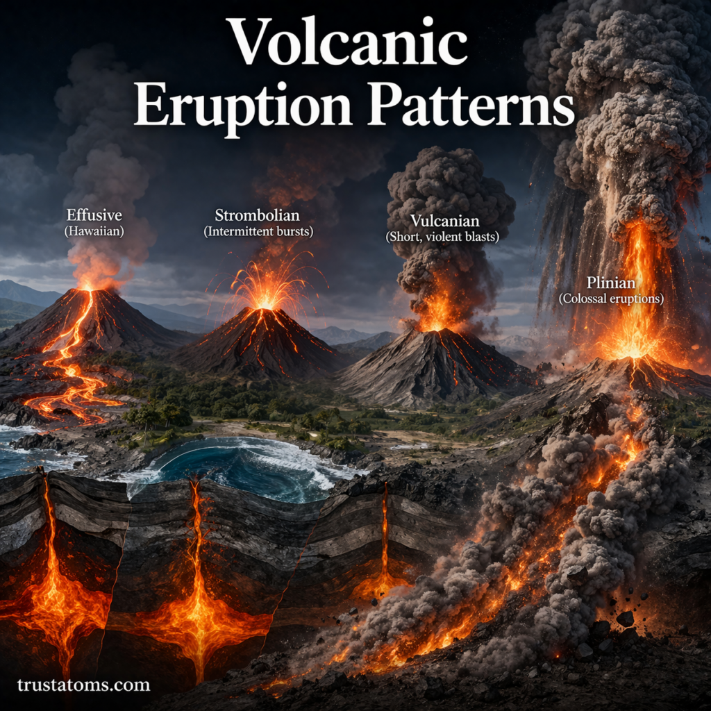 Illustration showing different volcanic eruption types including effusive, Strombolian, Vulcanian, and Plinian eruptions.