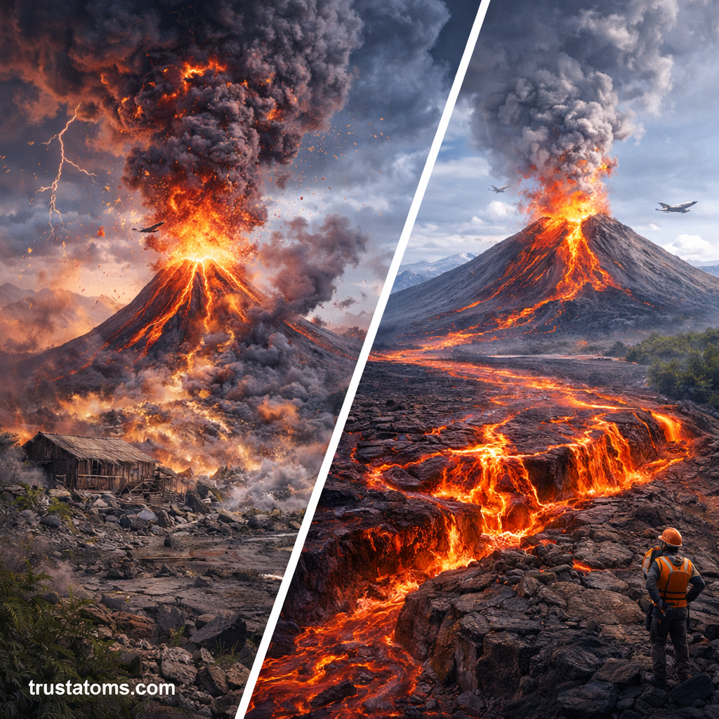 Split illustration showing explosive volcanic eruption with ash cloud and effusive eruption with flowing lava.