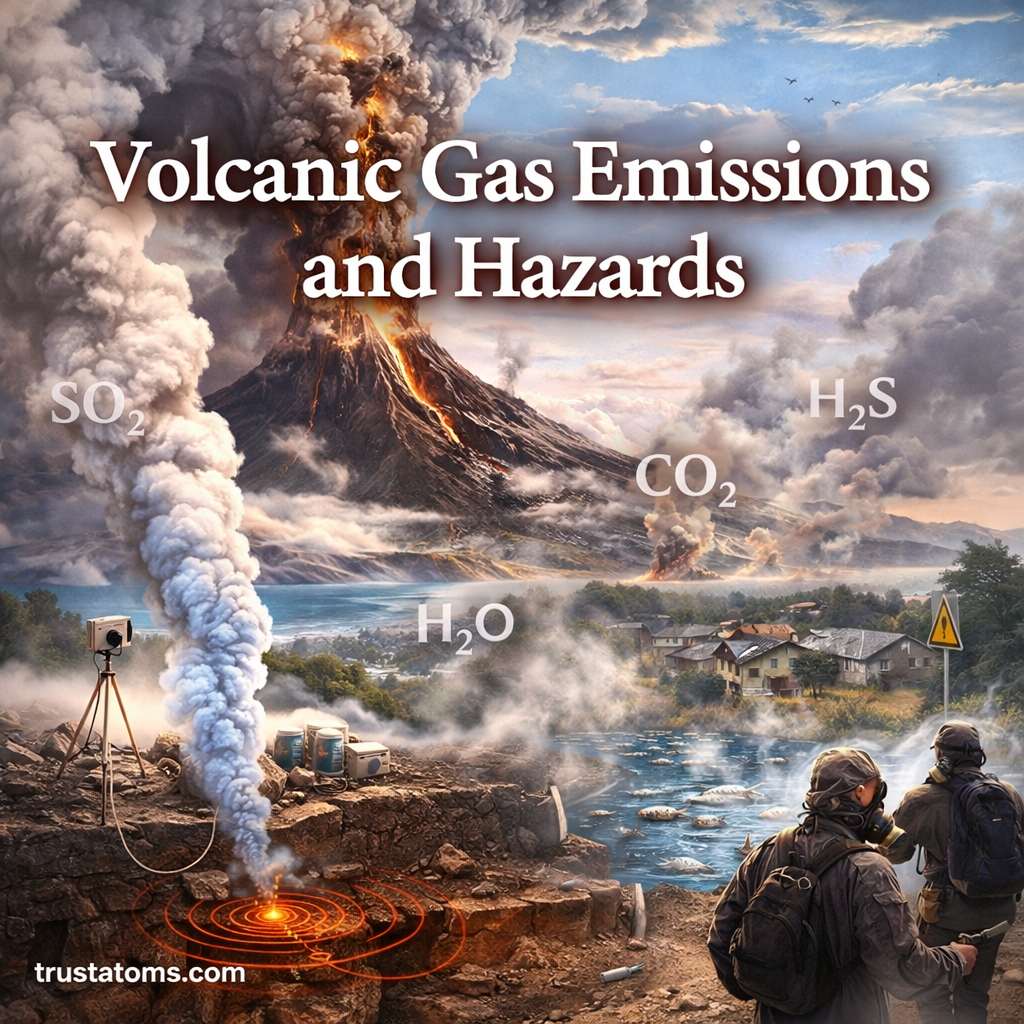 Illustration of volcanic gas emissions showing an erupting volcano releasing gases like carbon dioxide and sulfur dioxide affecting nearby areas.