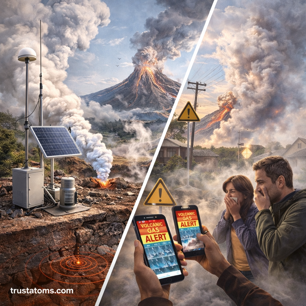 Split illustration showing volcanic gas monitoring equipment near a volcano on one side and people receiving gas hazard alerts on smartphones in a nearby town on the other.