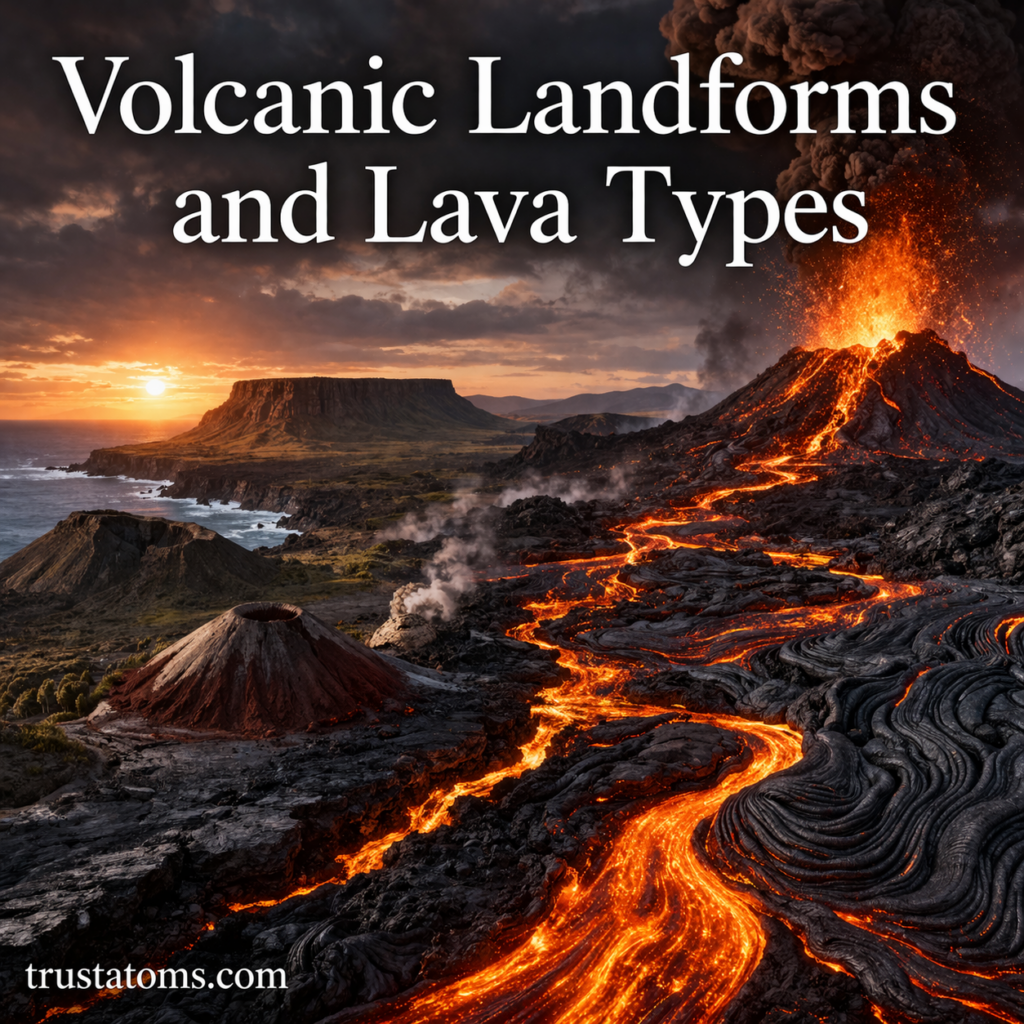 Illustration of volcanic landforms with flowing lava, erupting volcano, and different terrain formations.