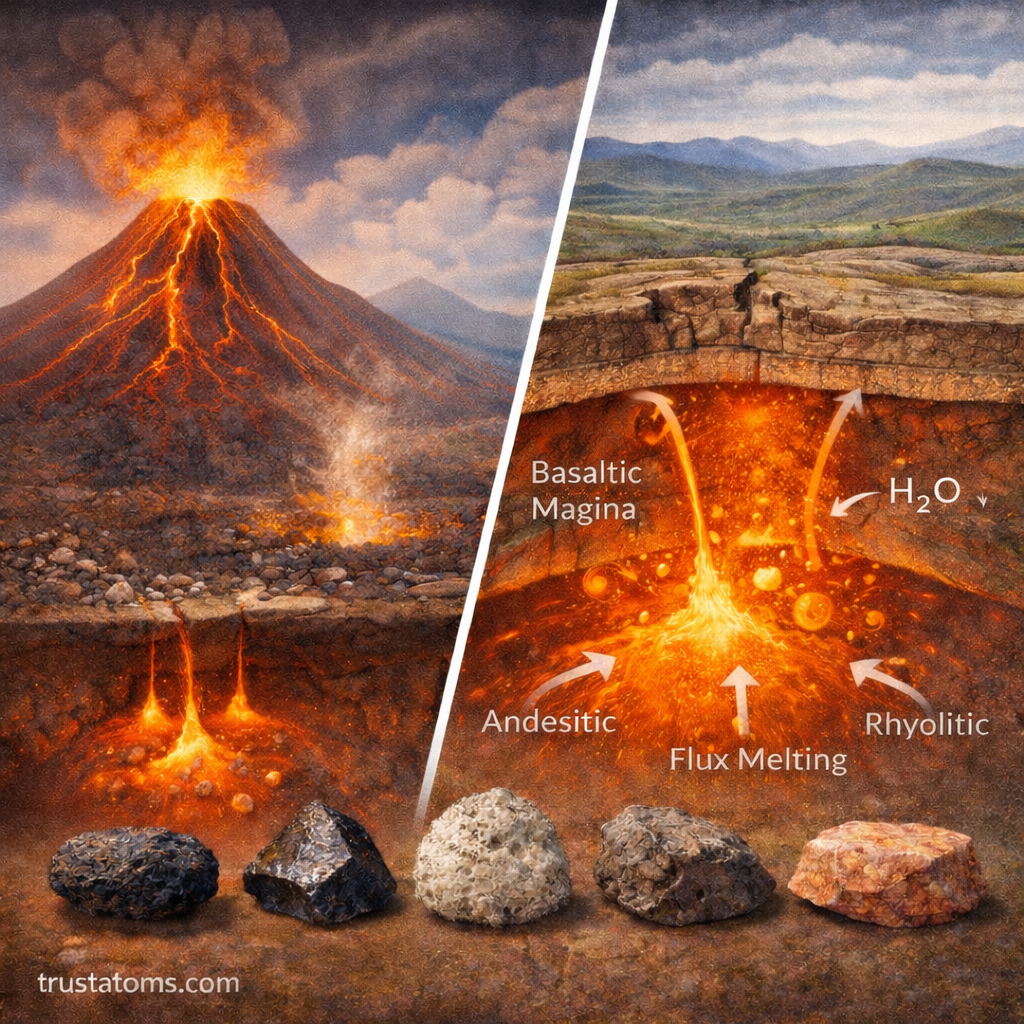 Split illustration showing erupting volcano and underground magma types with rock formation and mineral processes.