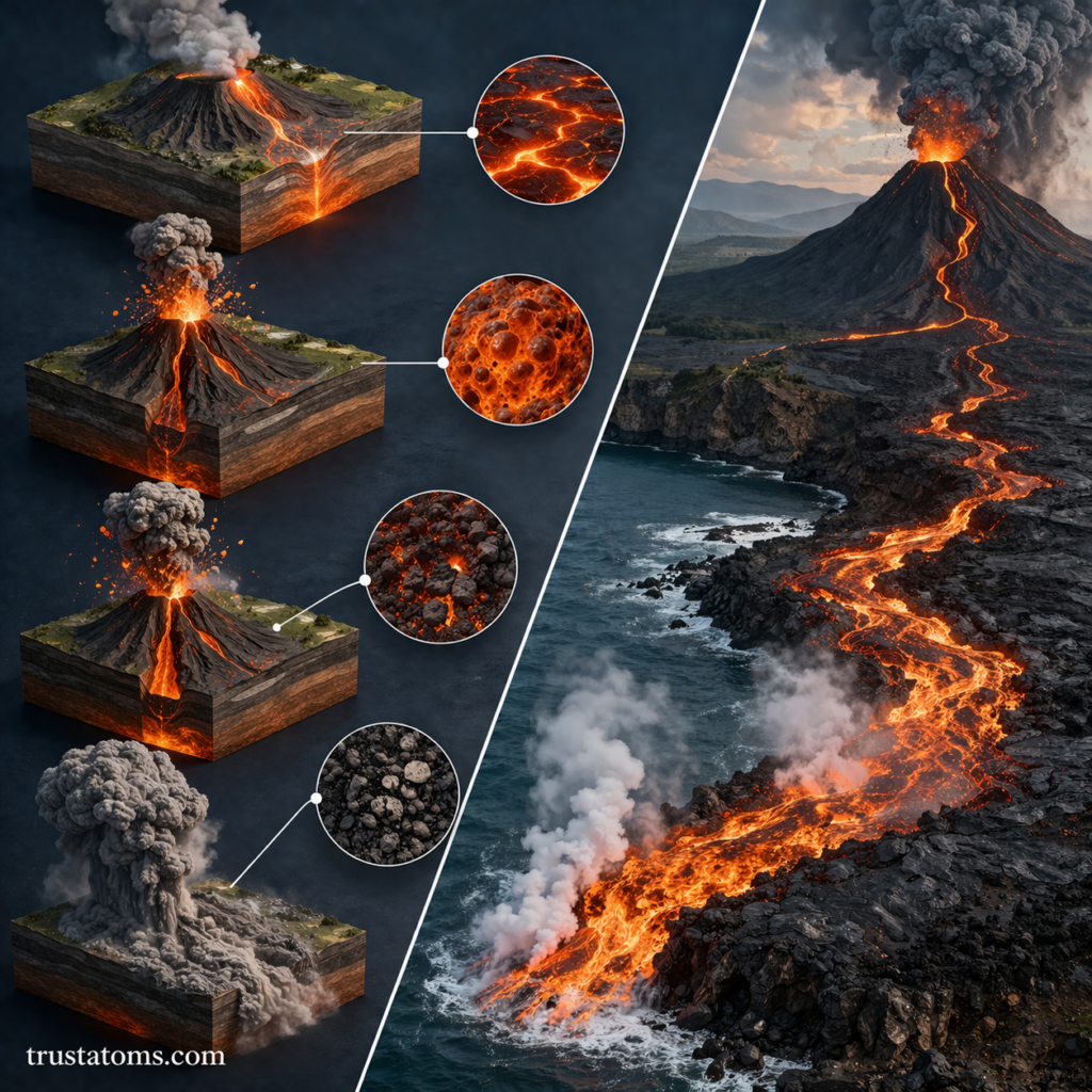 Split illustration showing different volcanic eruption styles and magma characteristics alongside a real lava flow eruption.