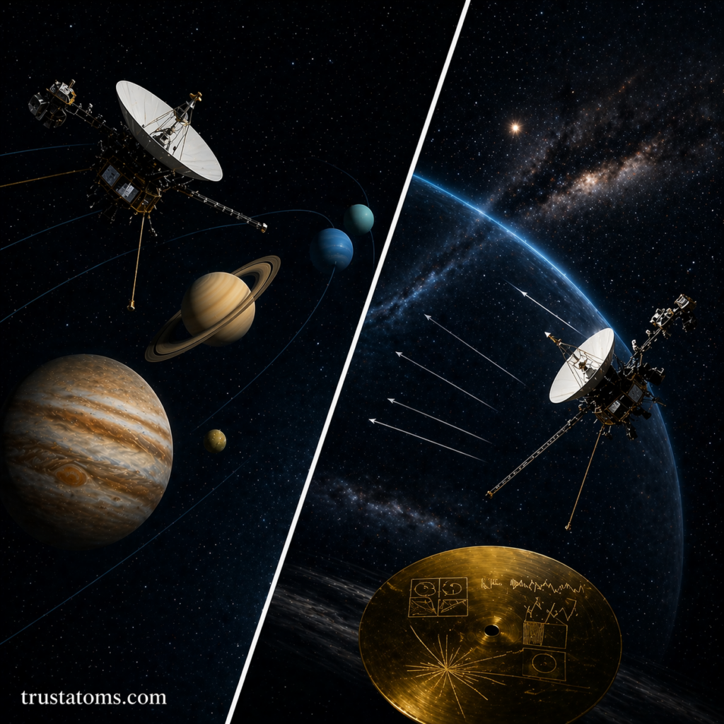 Split illustration showing Voyager spacecraft traveling past outer planets and continuing into interstellar space with the Golden Record.