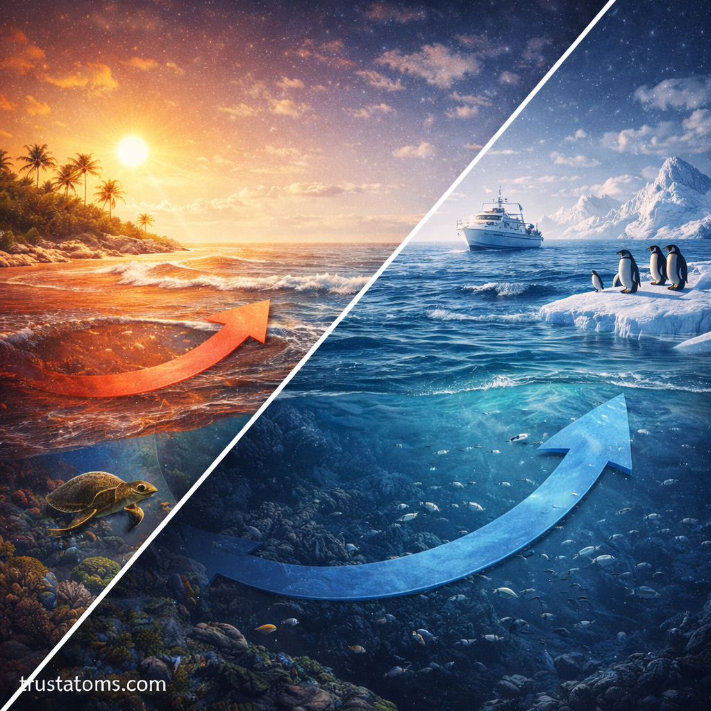 Split illustration showing warm tropical ocean current and cold polar ocean current with arrows indicating movement and climate differences.