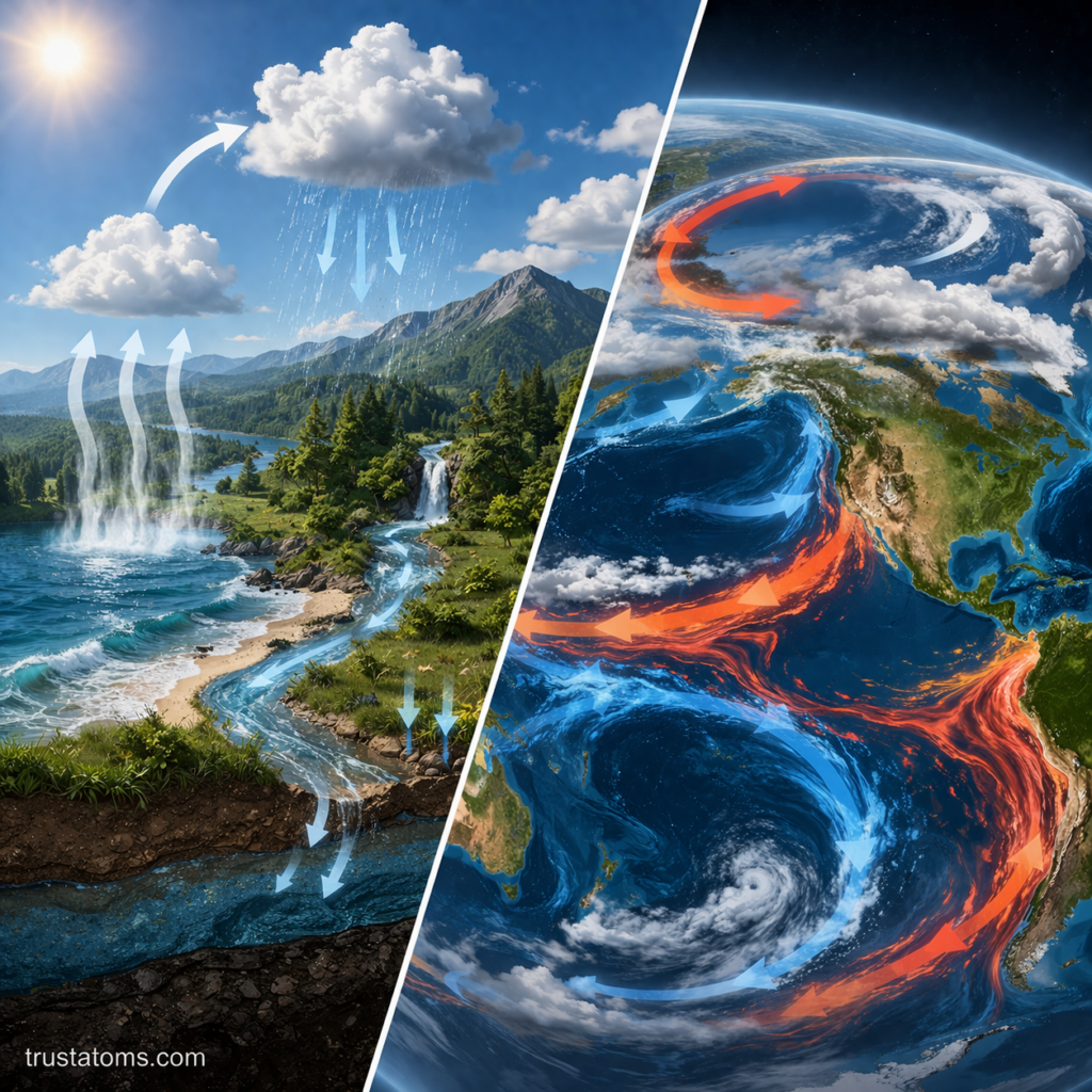 Split image showing the water cycle with evaporation and rainfall on one side and global atmospheric and ocean circulation patterns on the other.