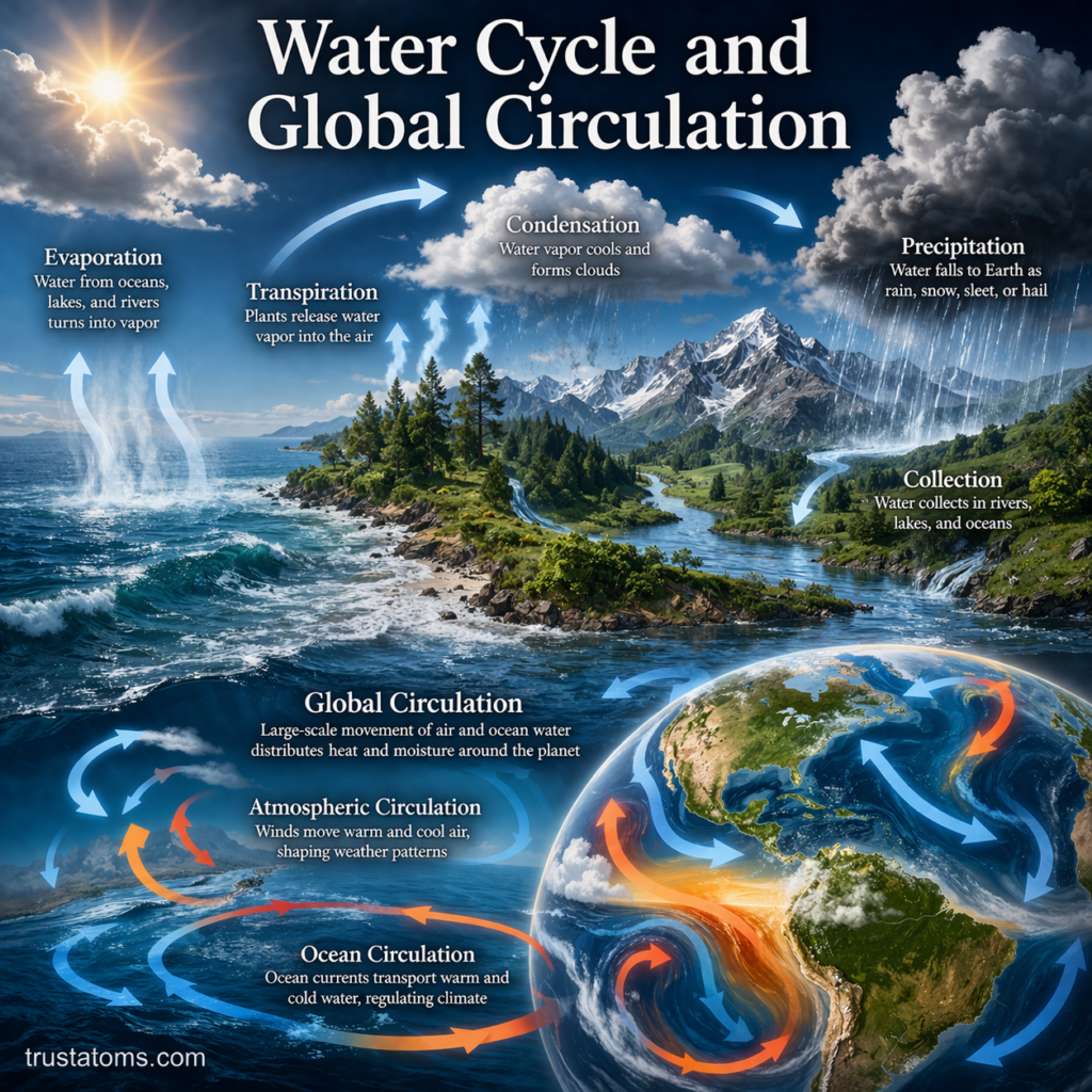 Illustrated diagram showing the water cycle and global circulation including evaporation, condensation, precipitation, and atmospheric and ocean currents.
