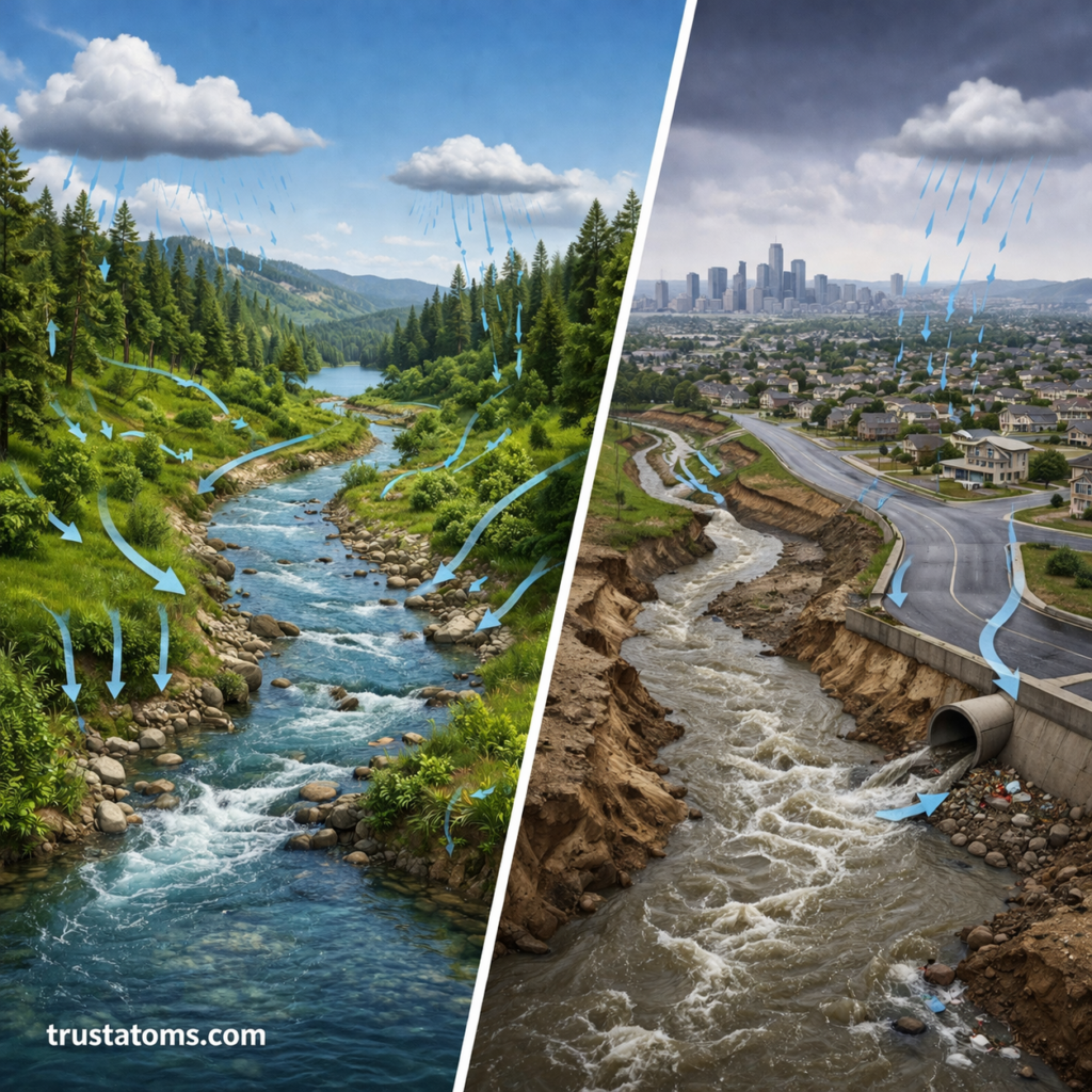 Split illustration comparing a natural watershed with healthy vegetation and stream flow versus an urban area with stormwater runoff entering a drain.
