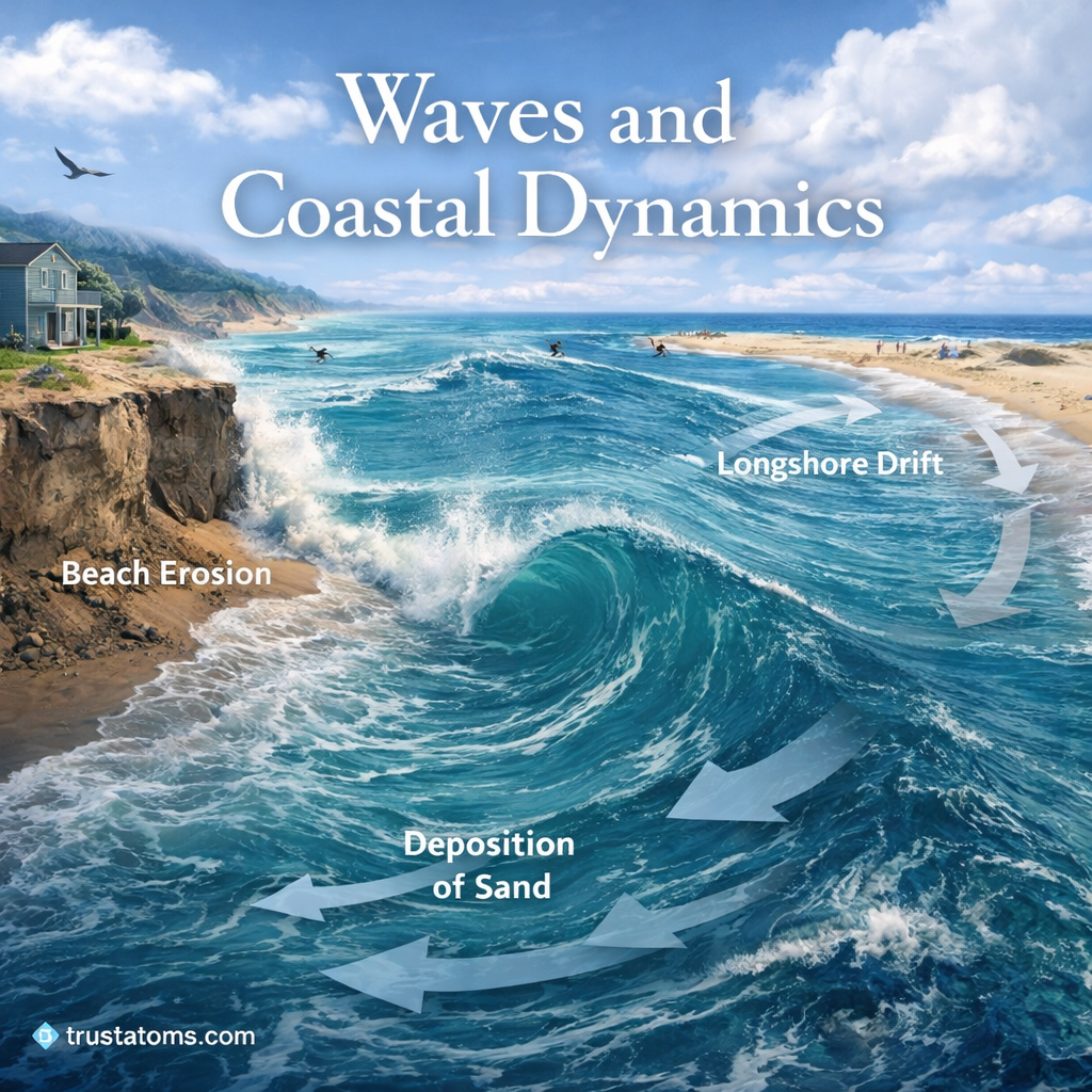 Illustration of ocean waves and coastal dynamics showing erosion, longshore drift, and sand deposition along a shoreline.