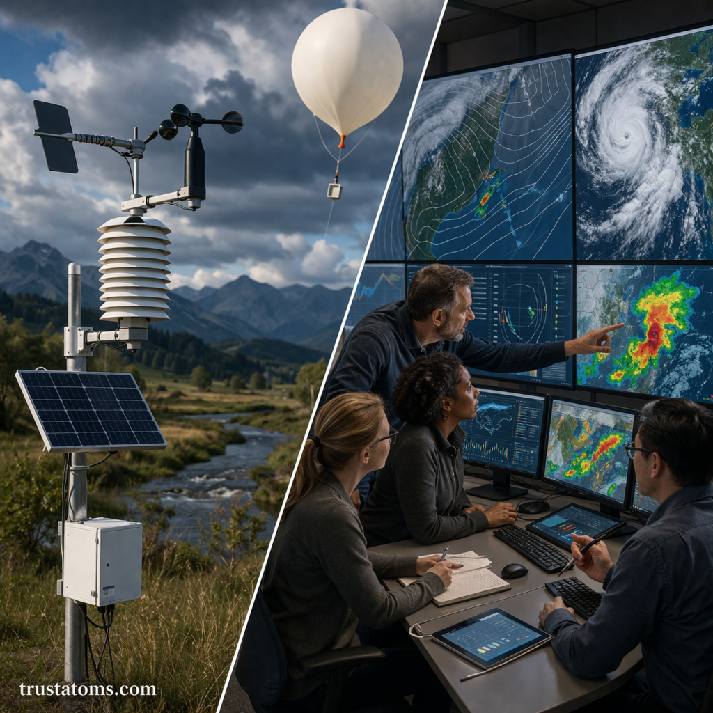 Split illustration showing outdoor weather station and balloon on one side and meteorologists analyzing data on screens on the other.