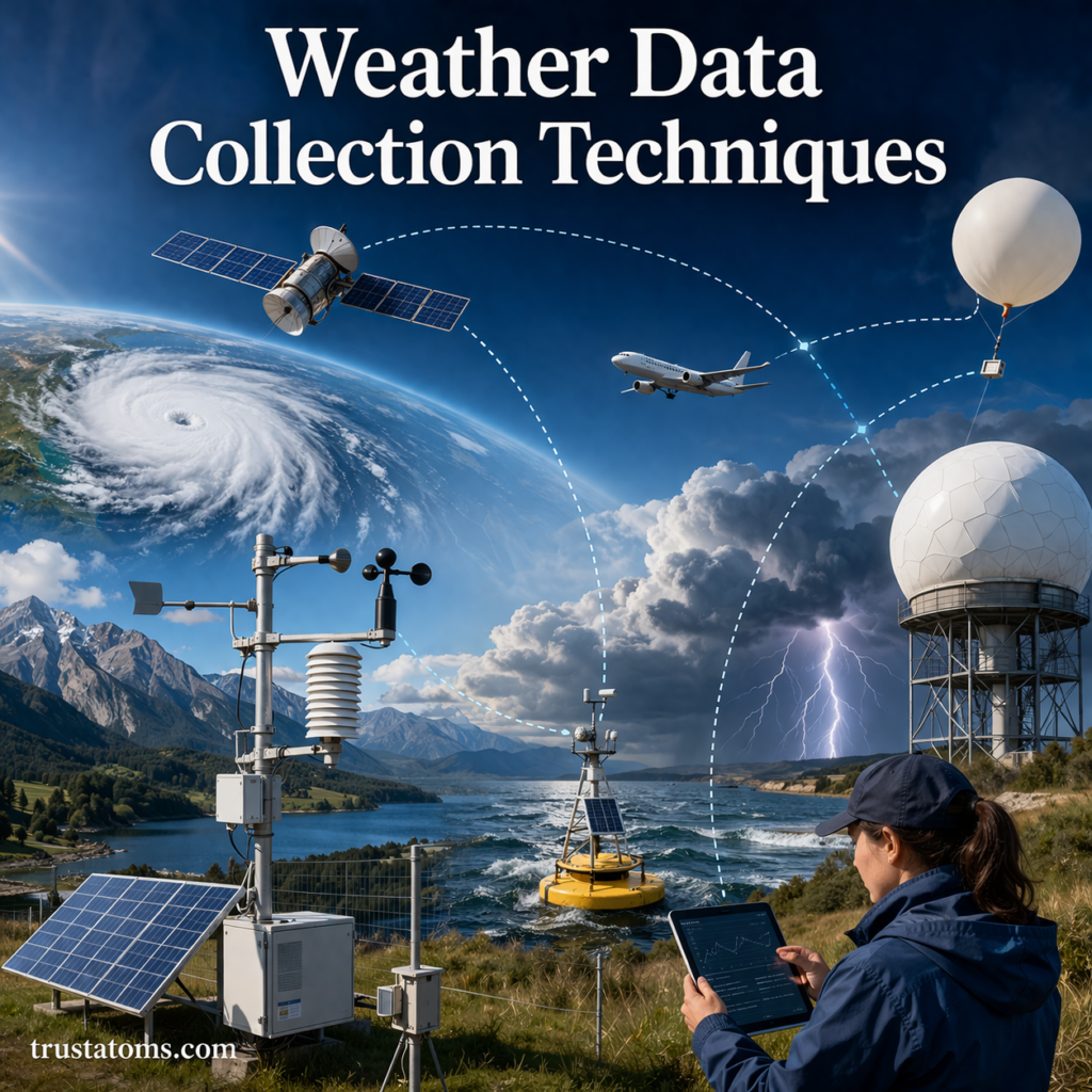 Illustration showing weather data collection tools including satellites, weather stations, radar, balloons, and ocean buoys.