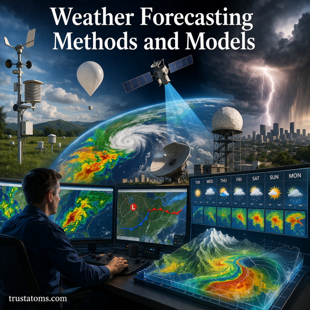 Weather forecasting methods and models illustration showing satellites, radar, weather stations, and forecast maps.