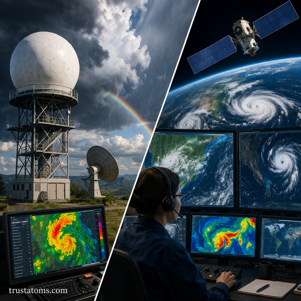 Split image showing weather radar station detecting storms and satellite monitoring hurricanes from space with forecast analysis screens.