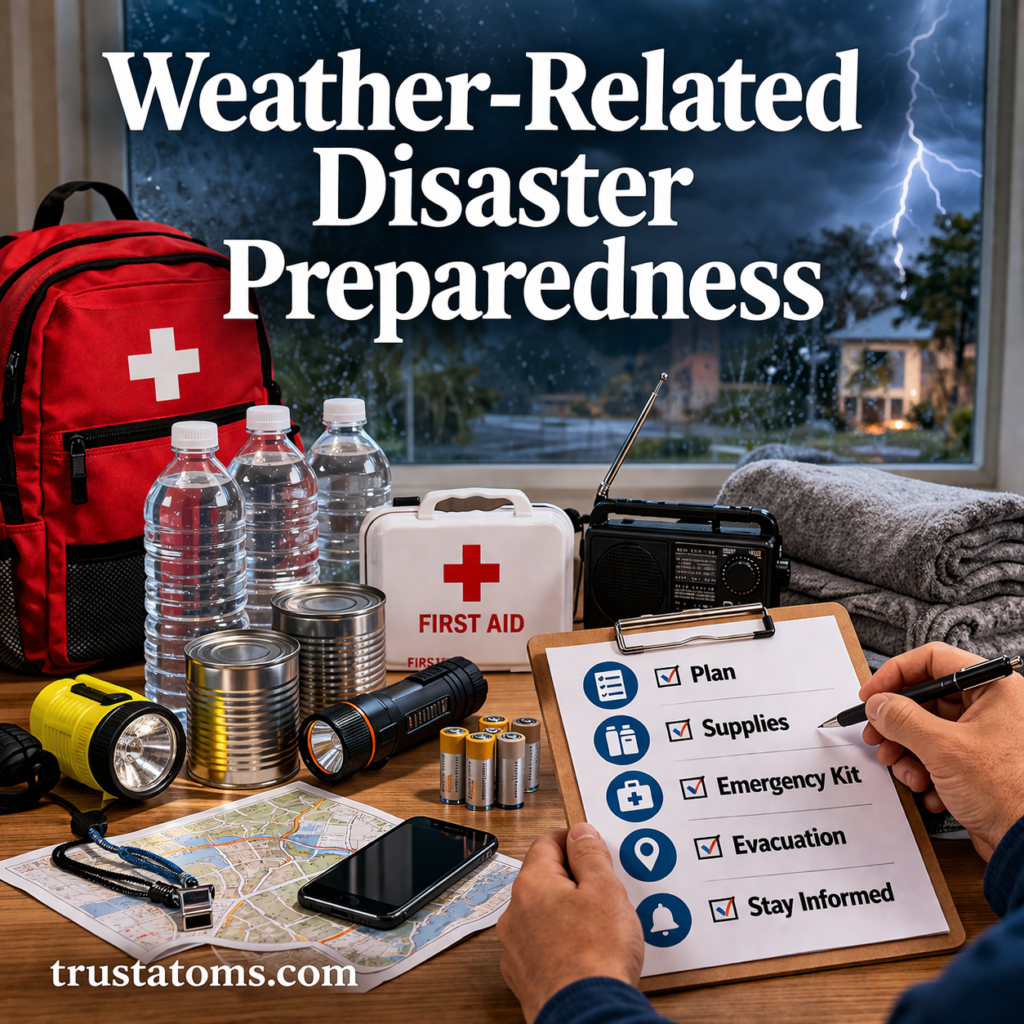 Weather-related disaster preparedness illustration showing emergency supplies like water, first aid kit, and flashlight with storm, tornado, flood, and wildfire in the background.