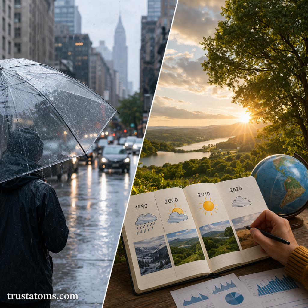 Split image showing a person in the rain on a city street on one side and a long-term climate tracking journal with landscape changes on the other.