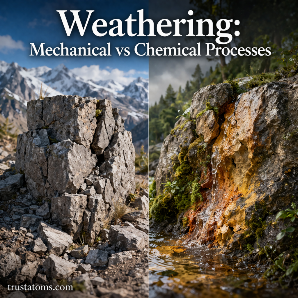 Split illustration showing mechanical weathering breaking rocks and chemical weathering altering rock with water and minerals.