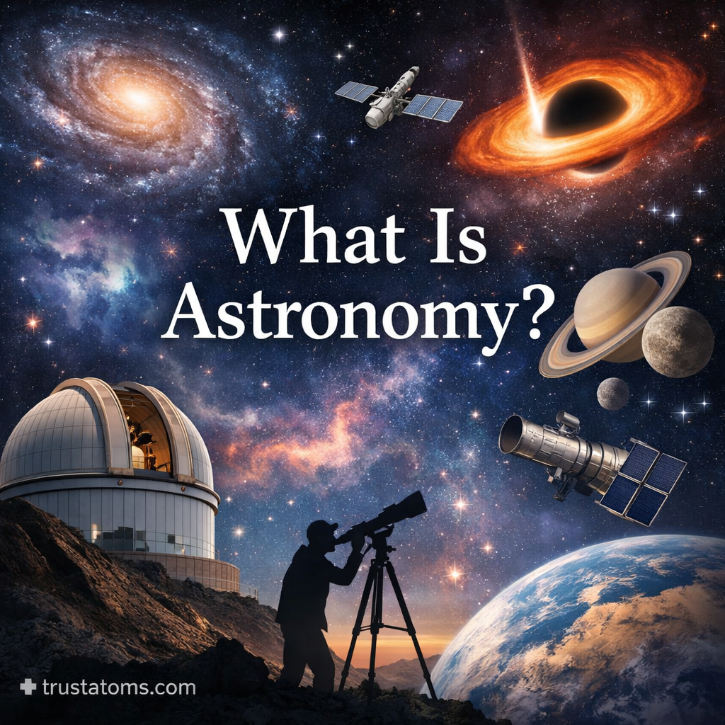 Illustration of space showing galaxies, planets, telescopes, and an astronomer observing the night sky.