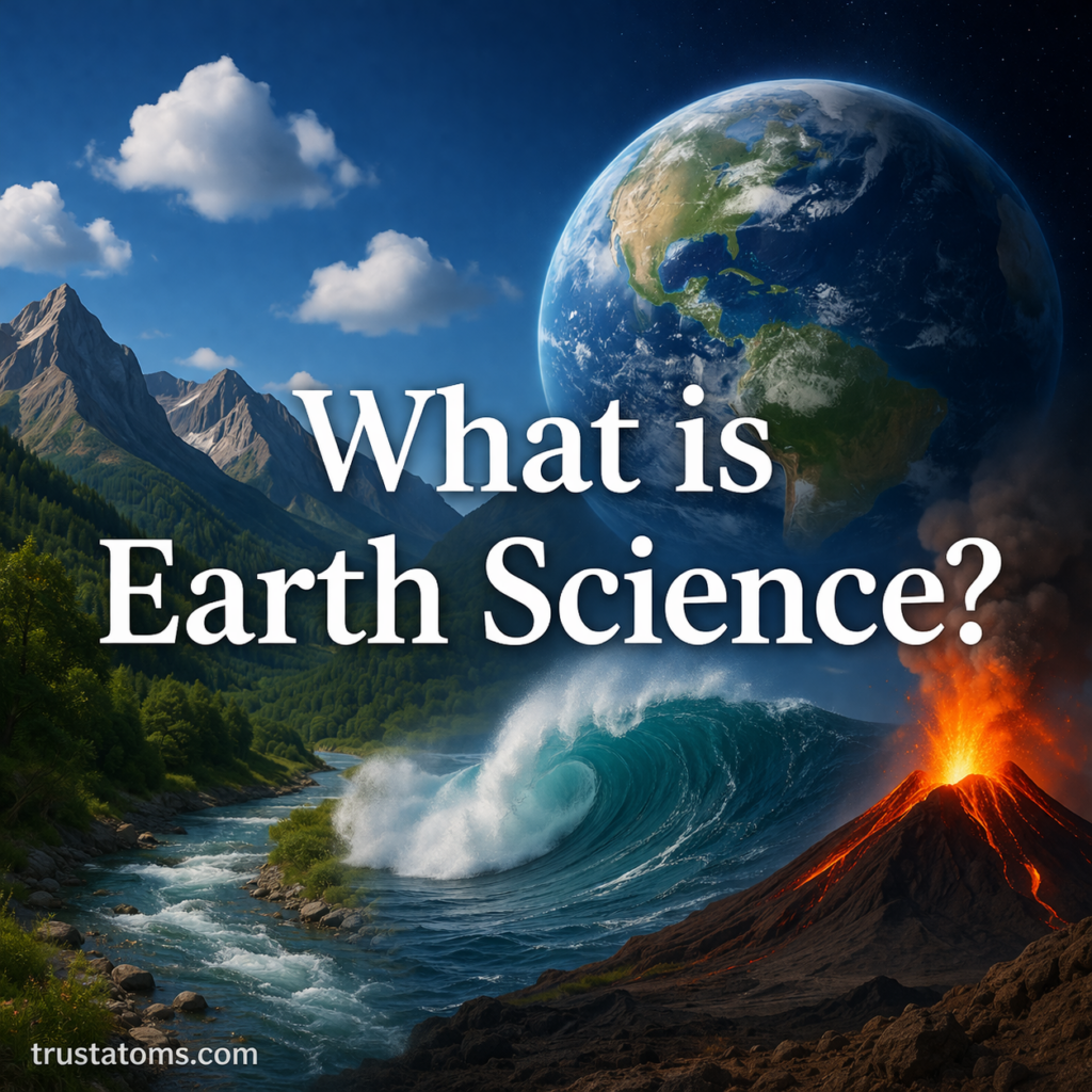 Illustration showing Earth systems including mountains, ocean waves, atmosphere, and volcano with the title What is Earth Science.