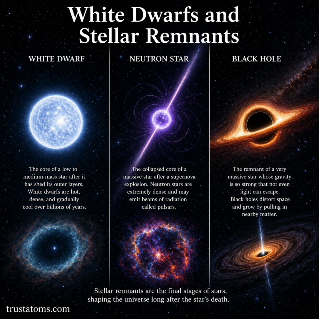 Illustration showing white dwarf, neutron star, and black hole as stellar remnants, highlighting their differences in size, density, and formation.