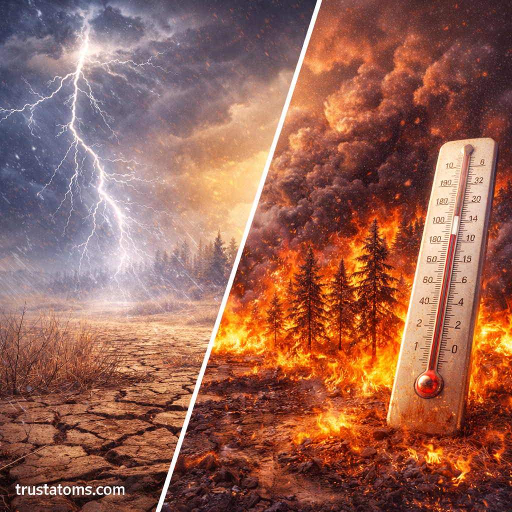 Split illustration showing drought and lightning as wildfire triggers on one side, and extreme heat intensifying an active wildfire on the other.