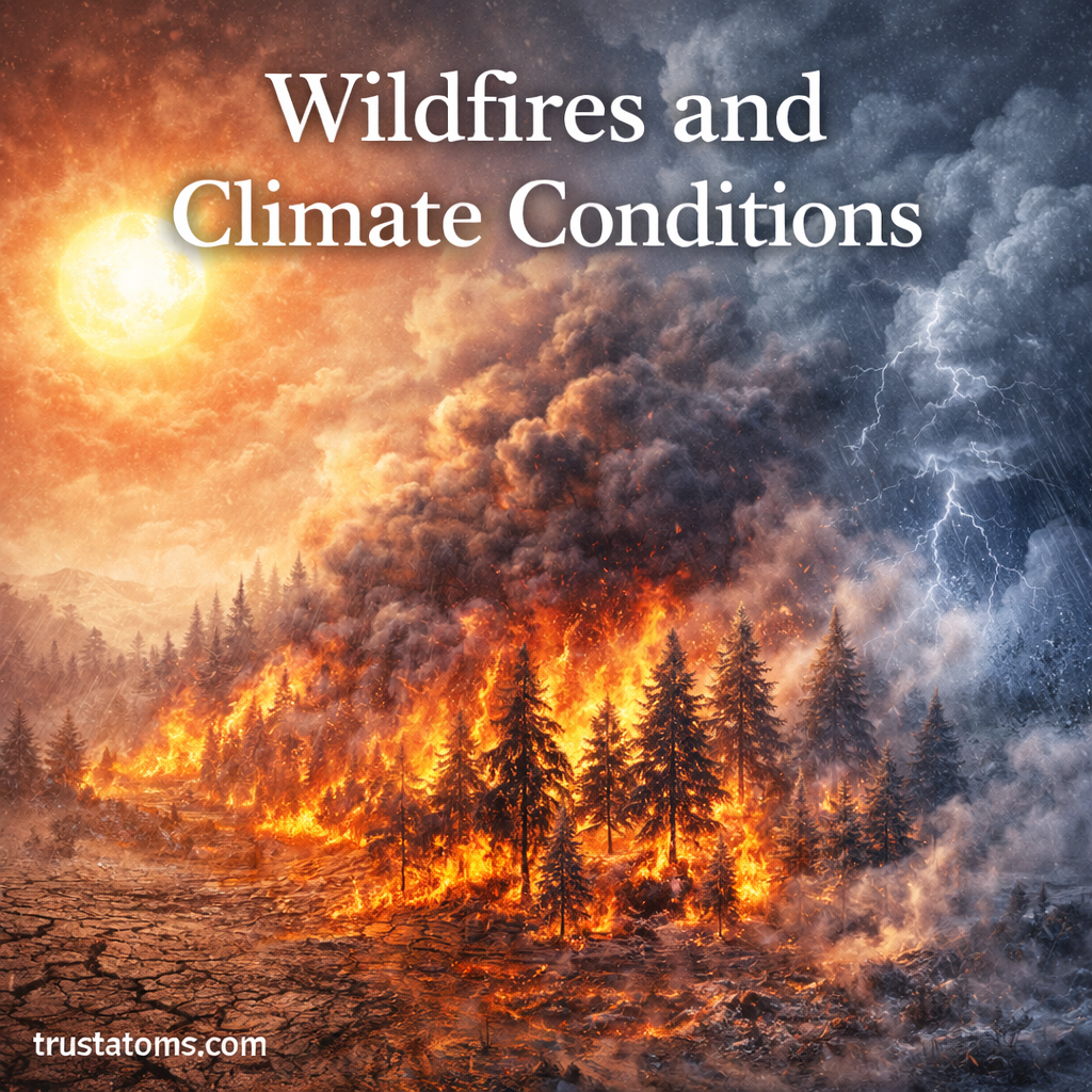 Illustration showing a wildfire spreading through a forest with dry conditions, intense heat, and storm activity in the background.