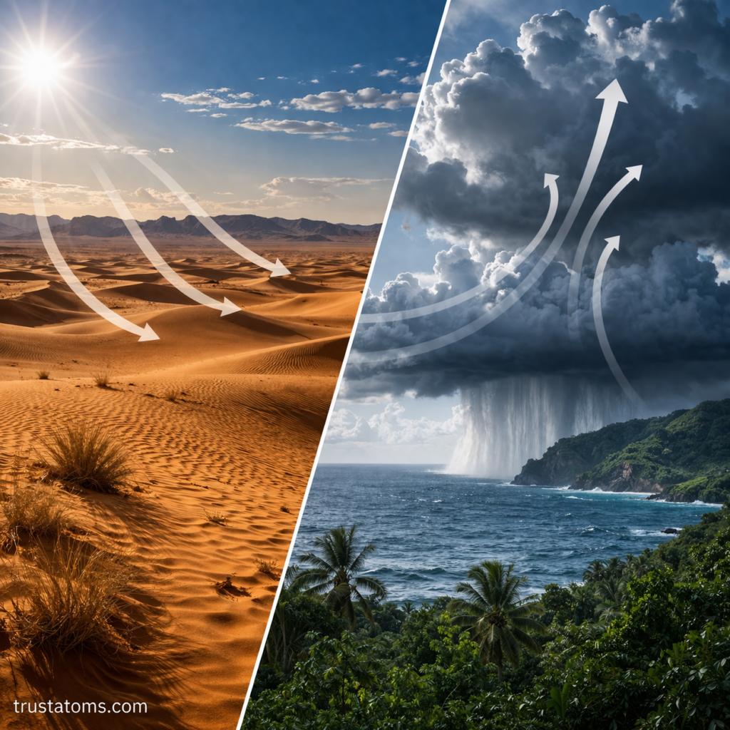 Split illustration showing dry desert conditions contrasted with a humid coastal or rainy environment influenced by global wind and pressure patterns.
