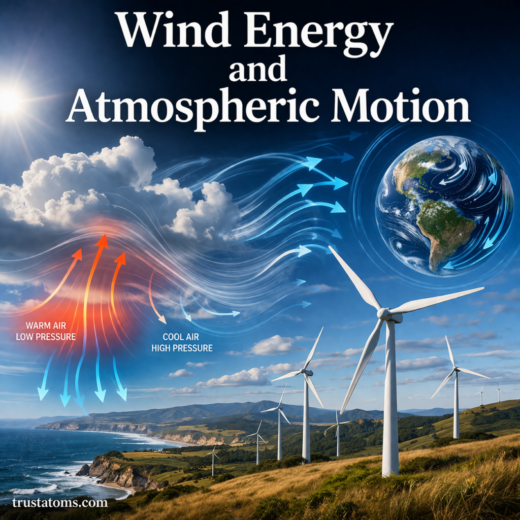 Illustration showing wind turbines powered by atmospheric motion with airflow patterns and pressure differences.