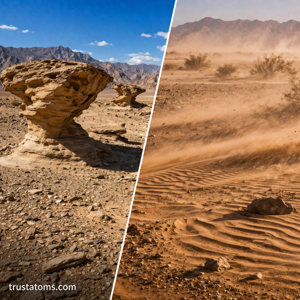 Split image showing wind-sculpted rock formations and blowing sand illustrating erosion and sediment transport in a desert.